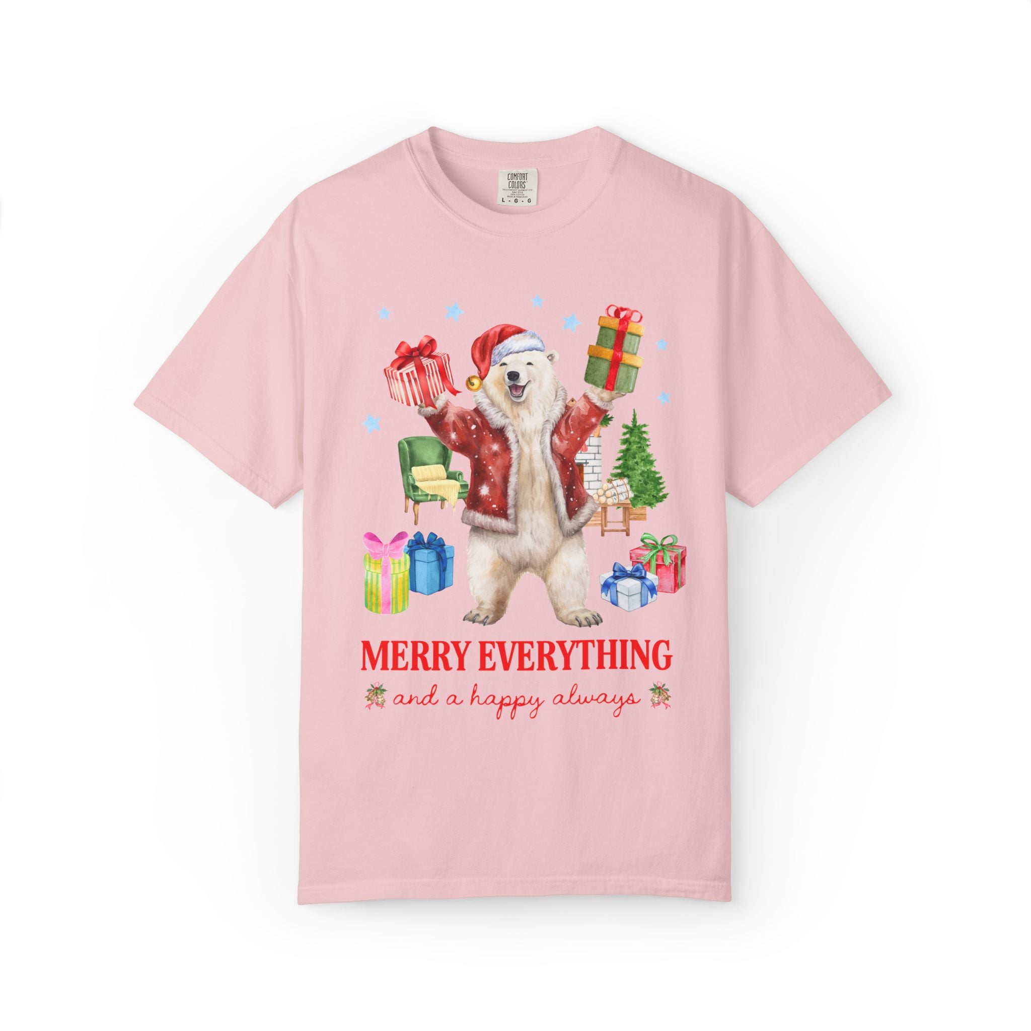 Kitschy Animal Lover Christmas Tee Shirt with Polar Bear Holding Presents: Merry Everything and a Happy Always, Silly Maximalist Xmas Tee