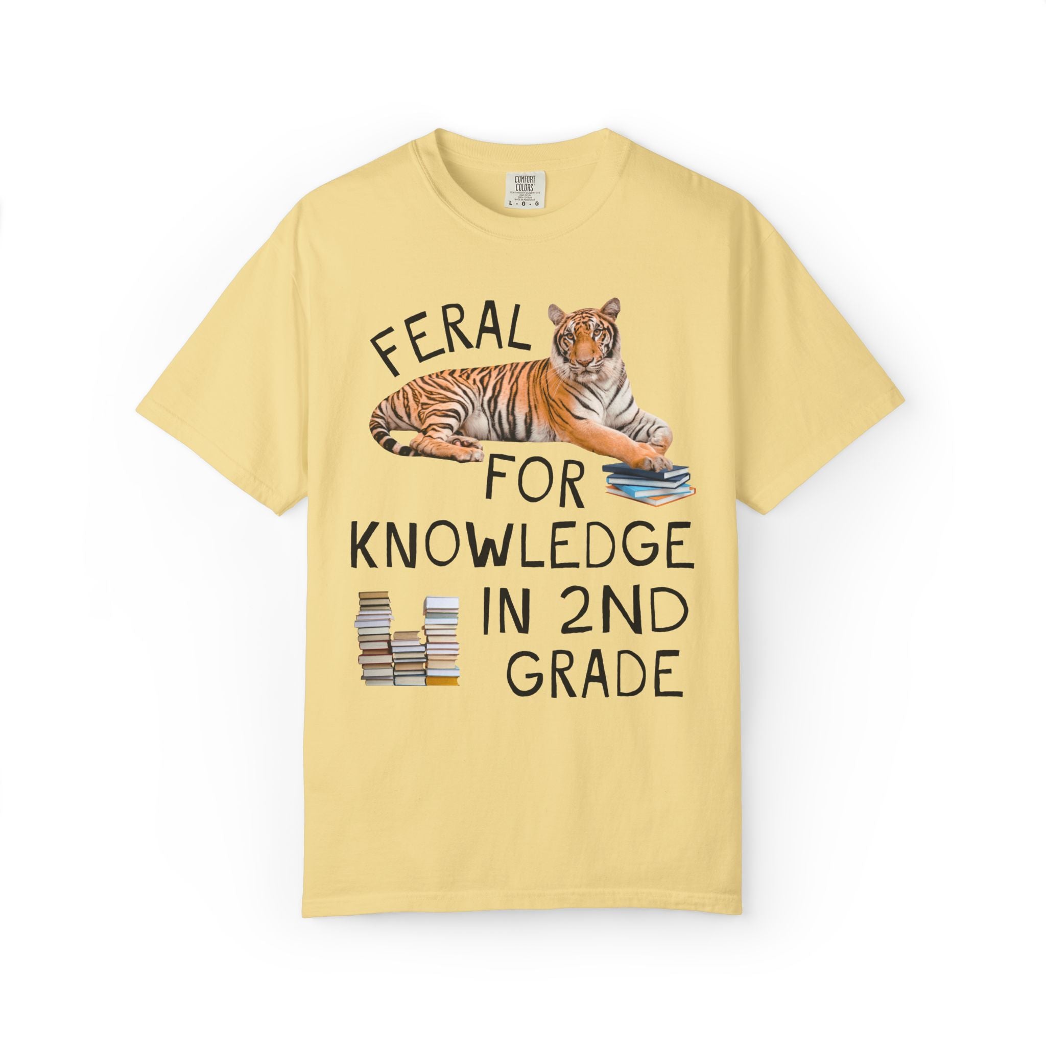 Second Grade Teacher Team Shirt: Feral for Knowledge in 2nd Grade, Silly Animal Lover T-Shirt with Tiger Holding Books, Matching Teacher Tee