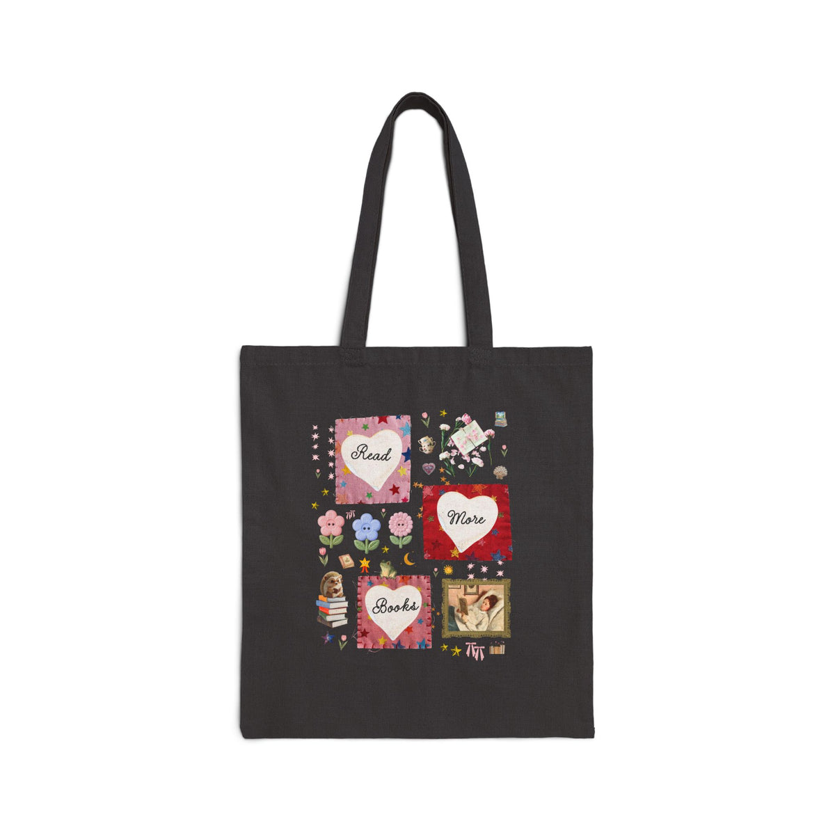 Read More Books Maximalist Collage Tote Bag with Hearts and Flowers, Whimsy Kitschy Soft Girl Style Tote Bag for Book Lover or Bookworm