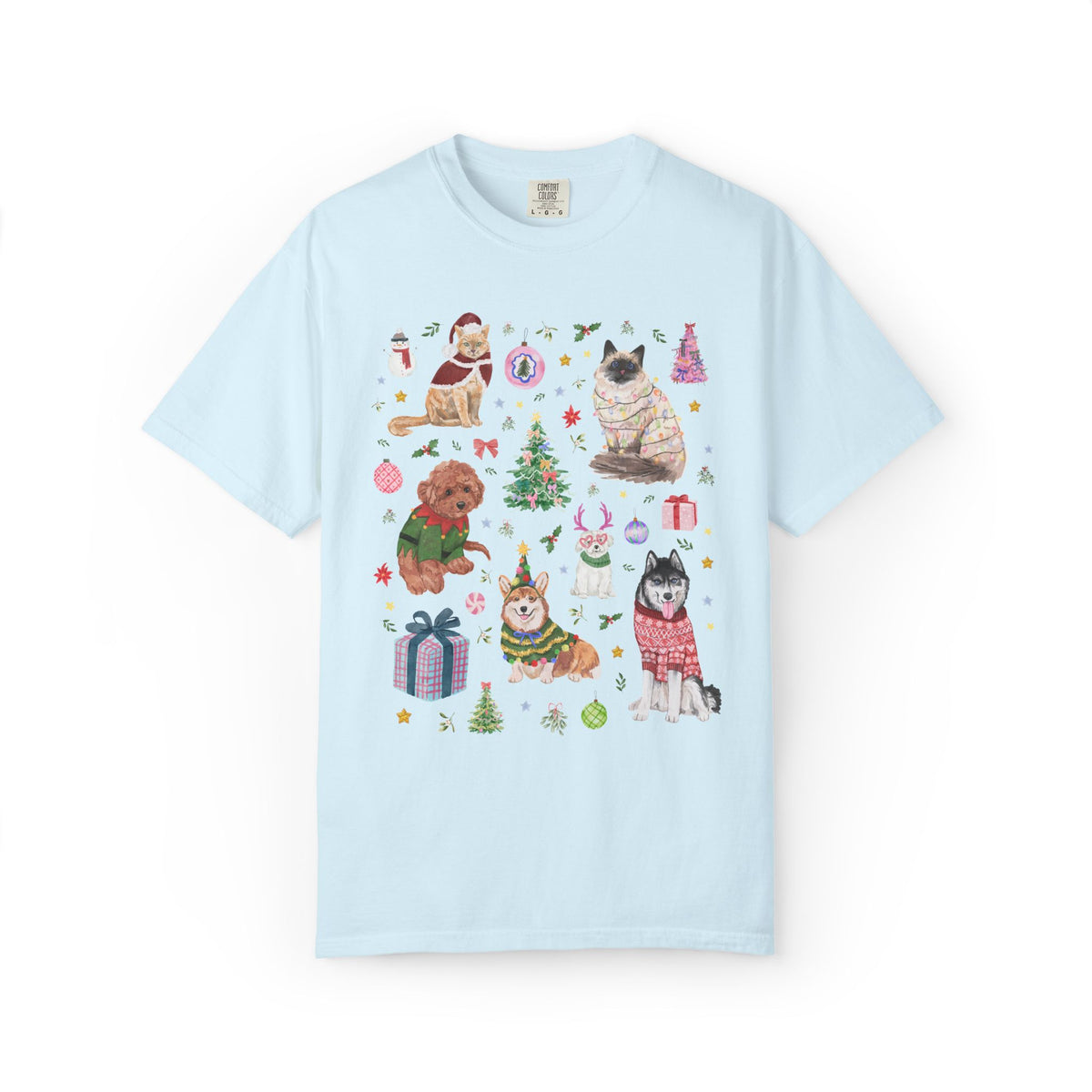 Maximalist Christmas Tee Shirt for Animal Lover with Kittens and Cats and Dogs, Funny Nostalgic Xmas Holiday T-Shirt, Cute Kitschy Vibe