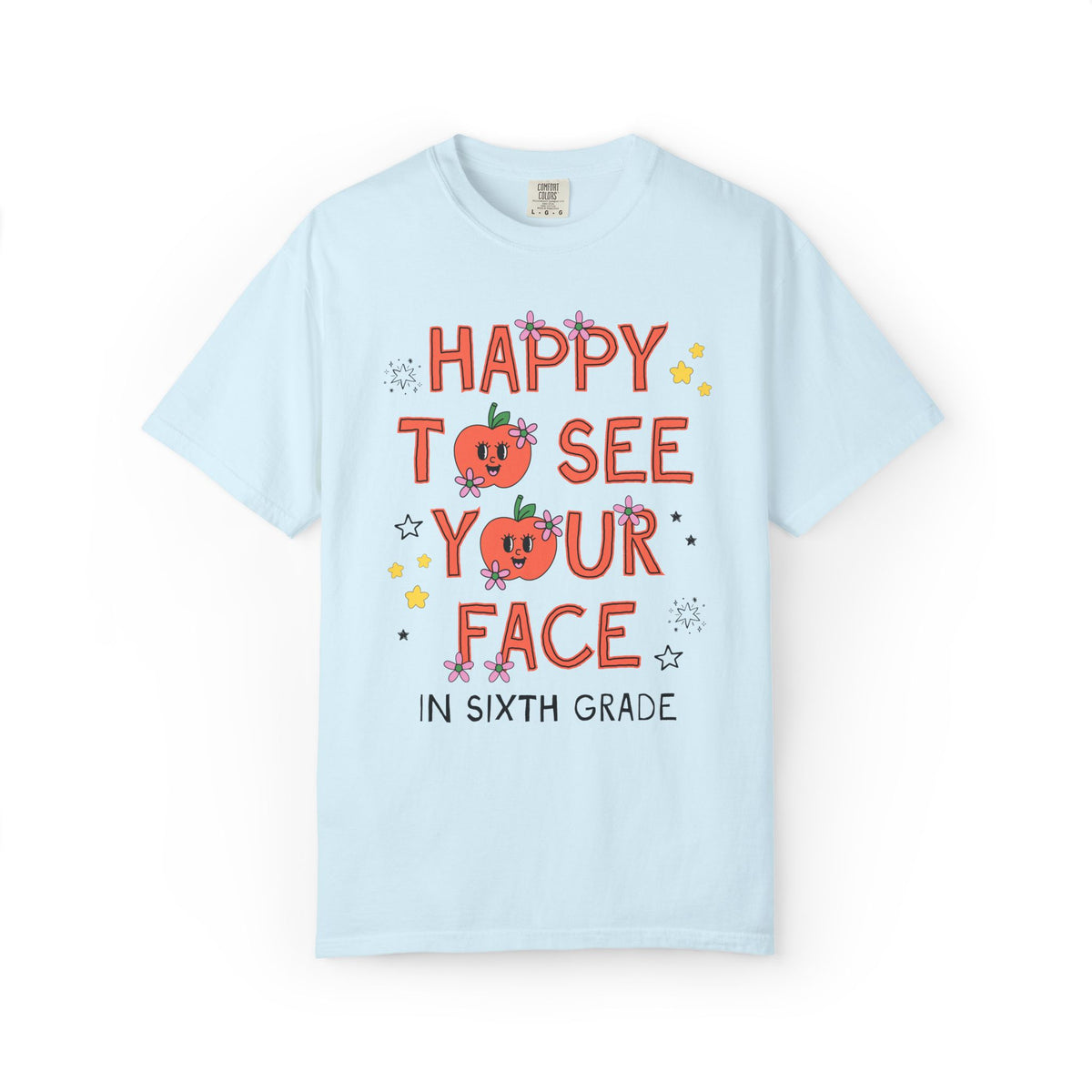 Sixth Grade Teacher Team Tee Shirt: Happy to See Your Face | Cute Back to School T-Shirt with Retro Apples and Flowers, First Day of School