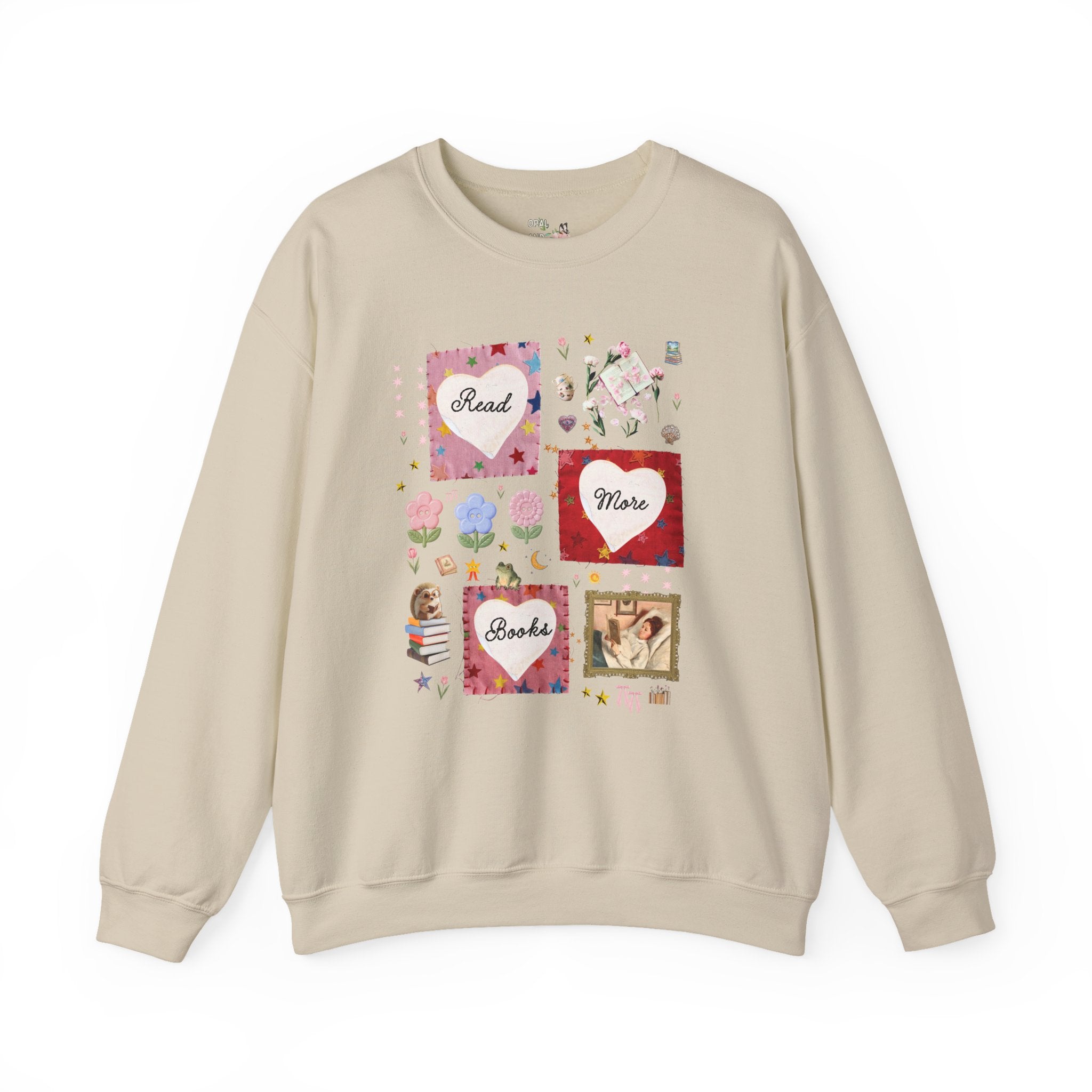 Read More Books Maximalist Collage Sweatshirt with Hearts and Flowers, Whimsy Kitschy Soft Girl Style Crewneck for Book Lover or Bookworm