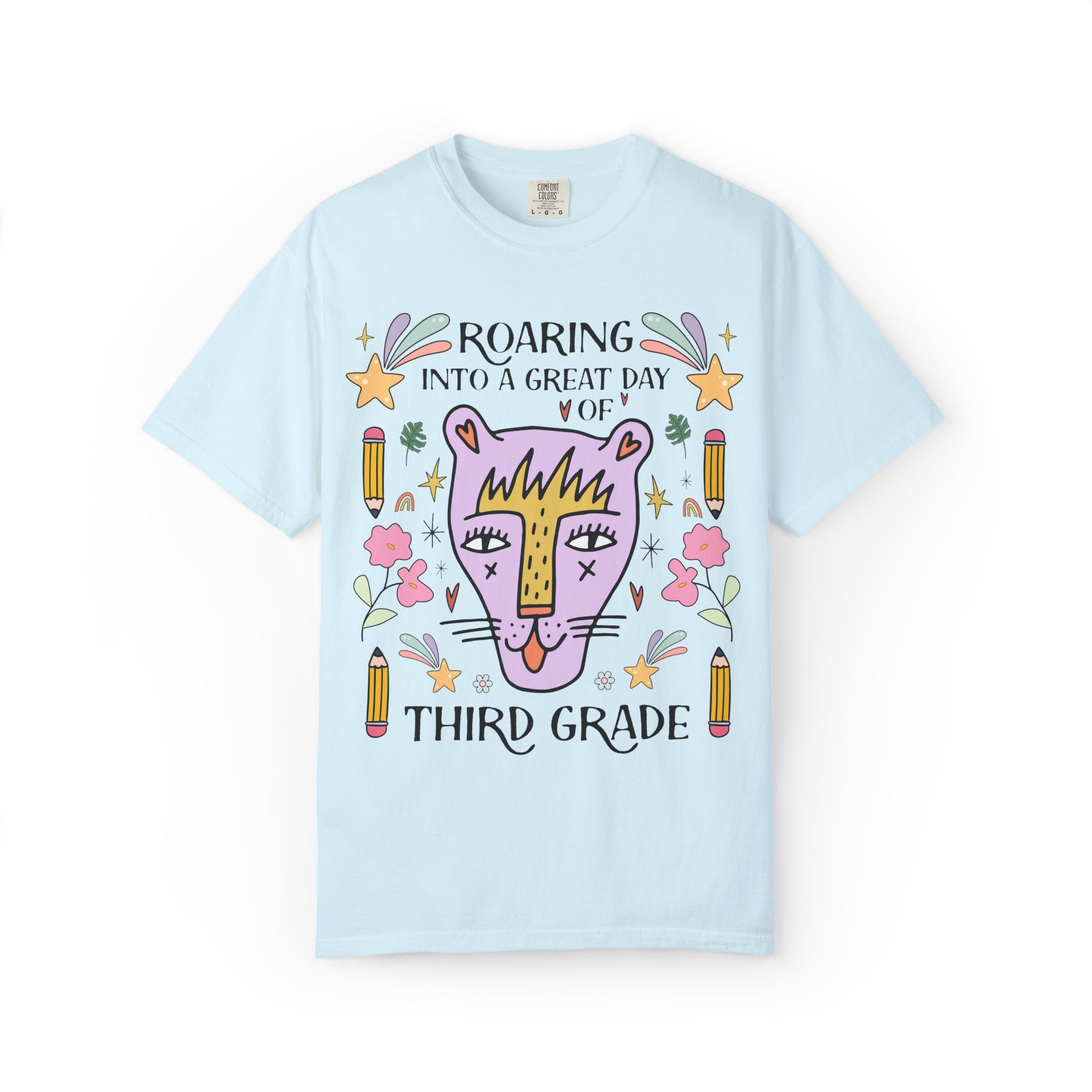 Third Grade Teacher Tee Shirt: Roaring Into a Great Day of 3rd Grade | Cute Eclectic Matching Teacher or Paraprofessional Tee, Animal Lover