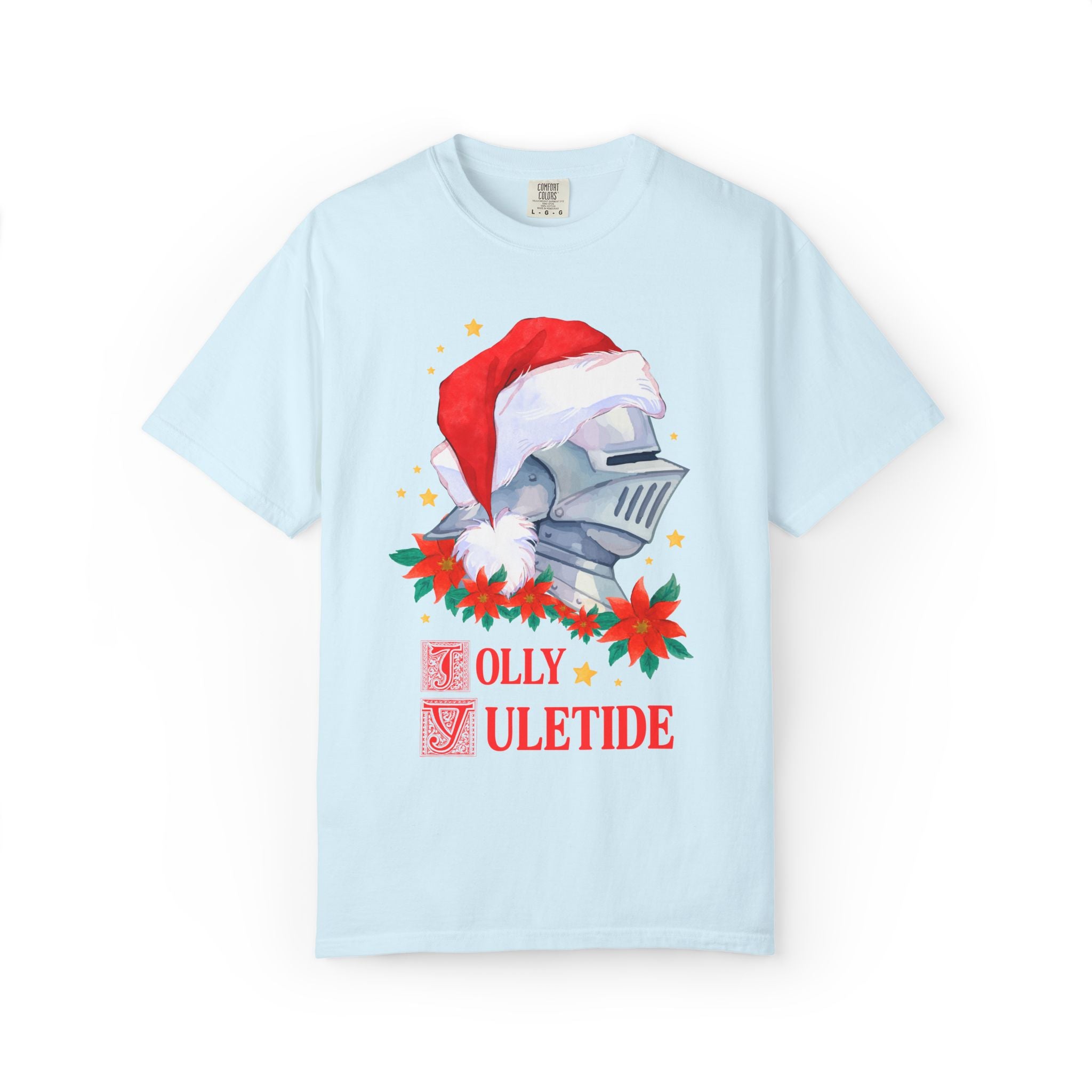 Medieval Christmas Tee Shirt with Knight Wearing a Santa Hat: Jolly Yuletide Silly History Lover T-Shirt, Funny Middle Ages Holiday T-Shirt
