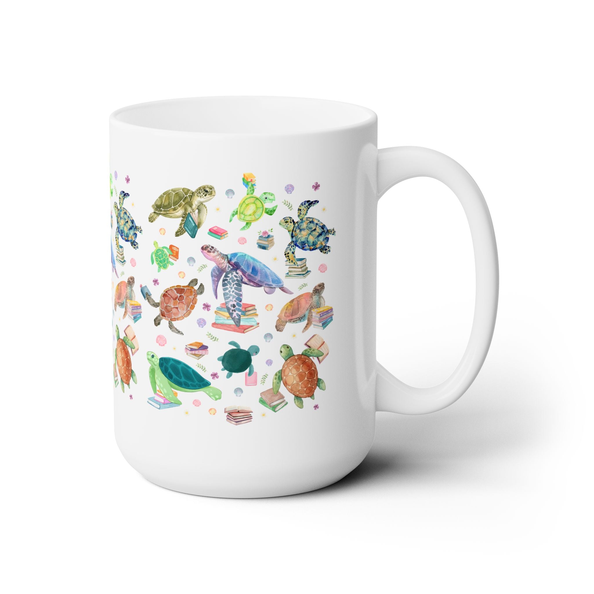 Bookish Turtle Mug for School Librarian or Reading Teacher: Silly Ocean Animal Lover Mug with Flowers and Books, Reading Month Gift