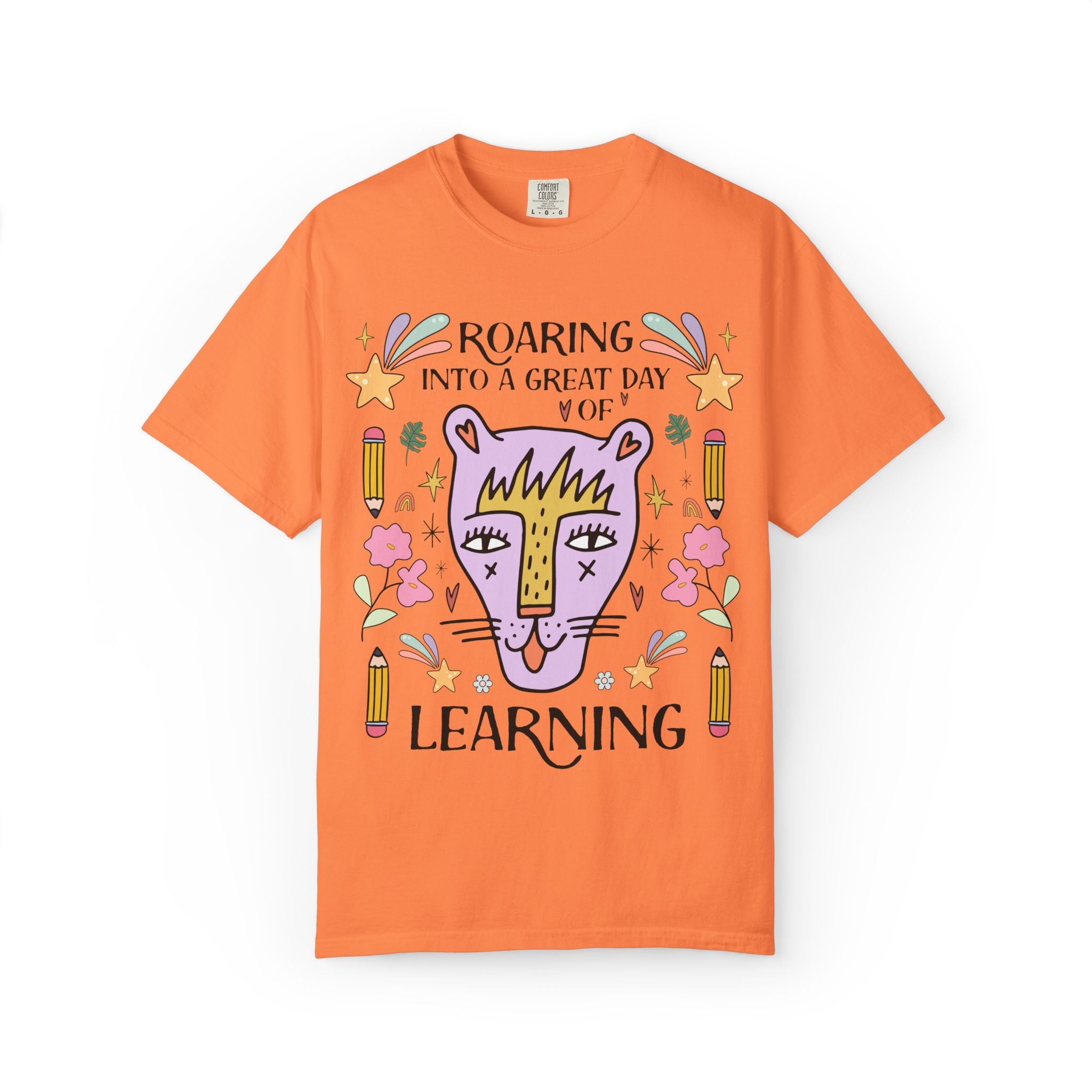 Matching Teacher Tee Shirt: Roaring Into a Great Day of Learning | Cute Matching Teacher or School Office Staff Tee with Pencils and Flowers