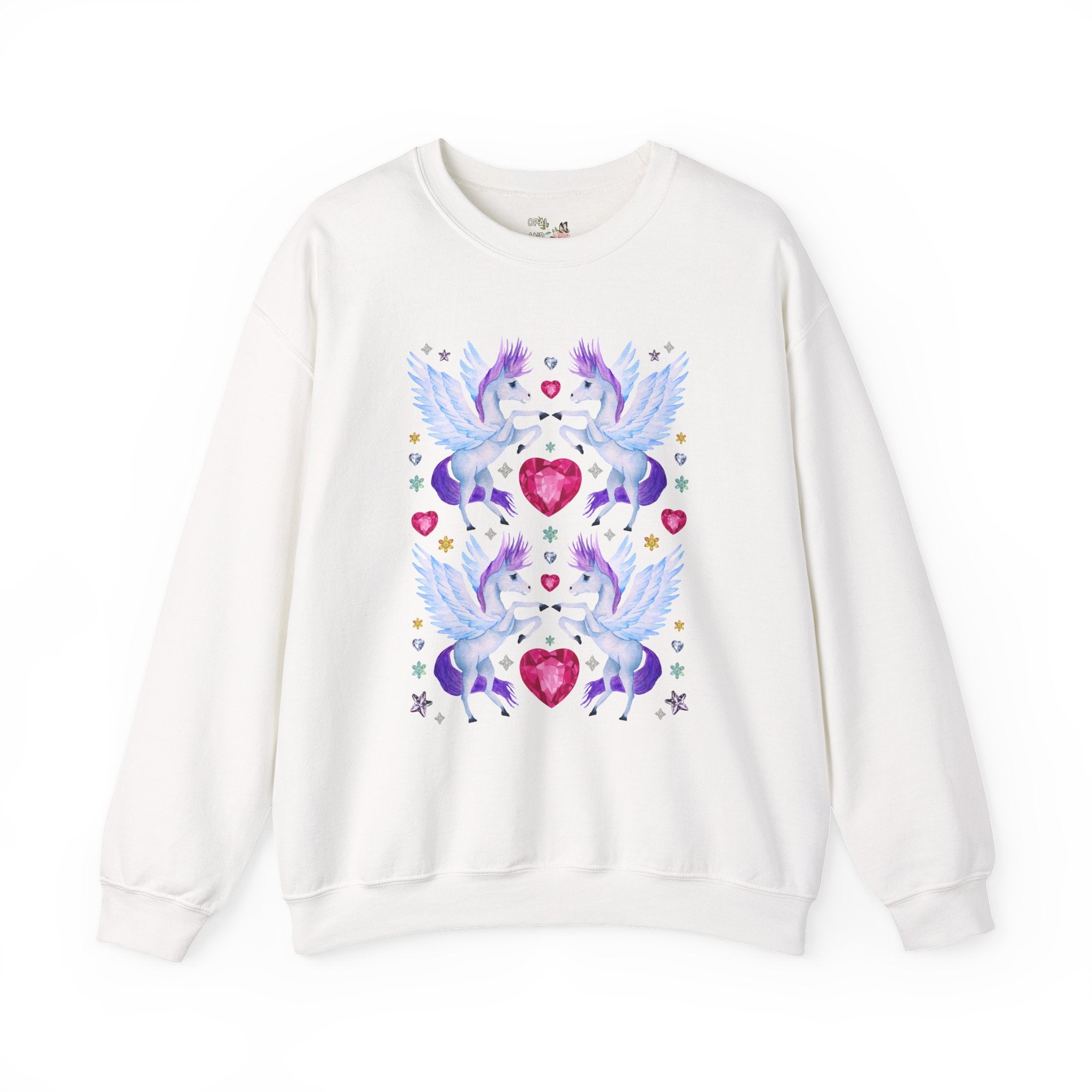 Horse Lover Nostalgic Blue and Purple Pegasus Sweatshirt with Hearts: Cute and Silly Y2K Aesthetic Animal Lover Crewneck for Fantasy Reader Bookworm