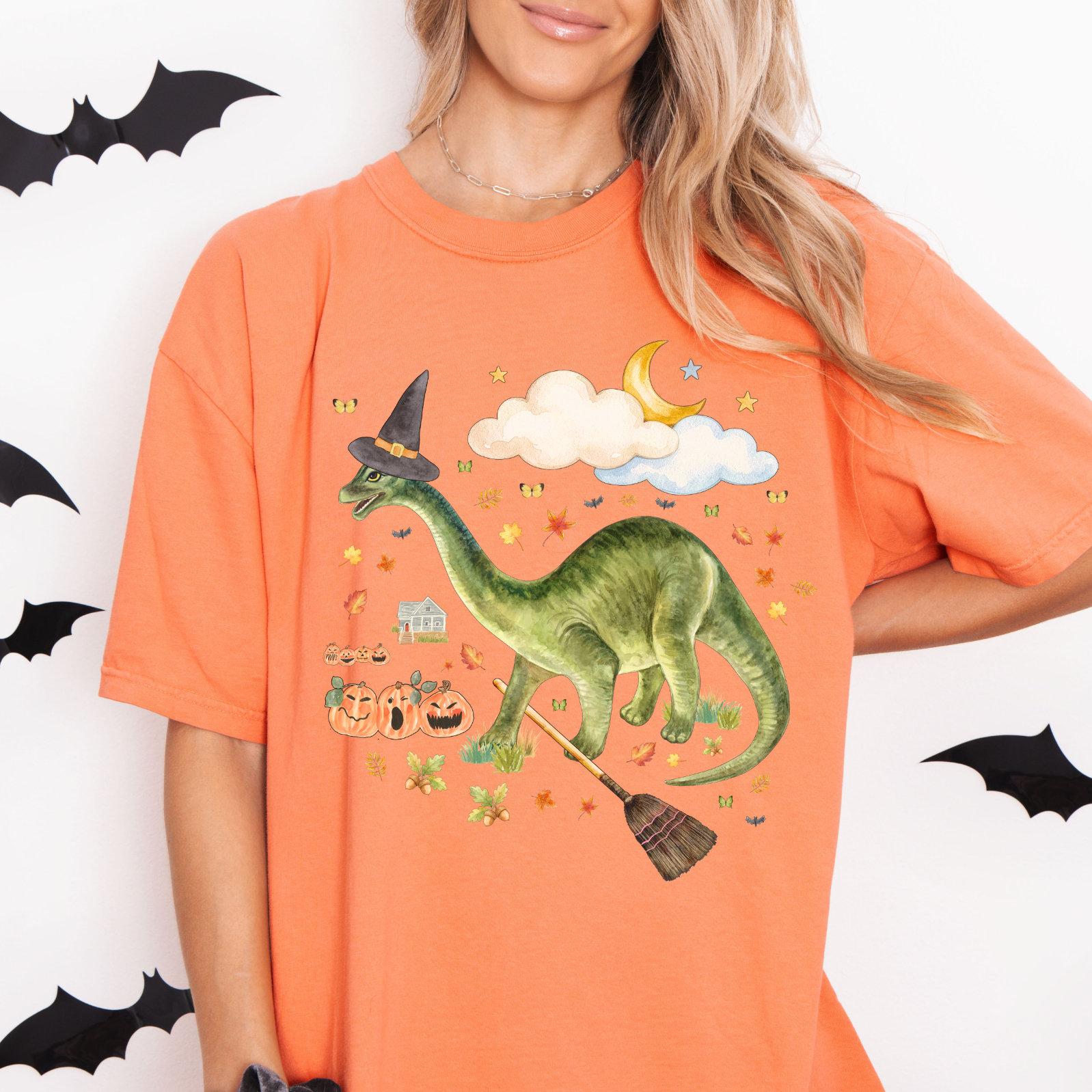 Witchy Dinosaur Lover Tee Shirt with Pumpkins