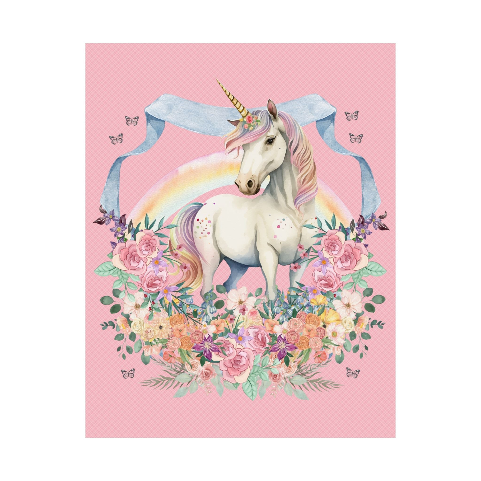 Adorable Floral Unicorn Poster Print, Cute Nineties Throwback Print, Unicorn Standing in Flowers, Colorful Butterfly Lover Gift with Rainbow - Opal and June