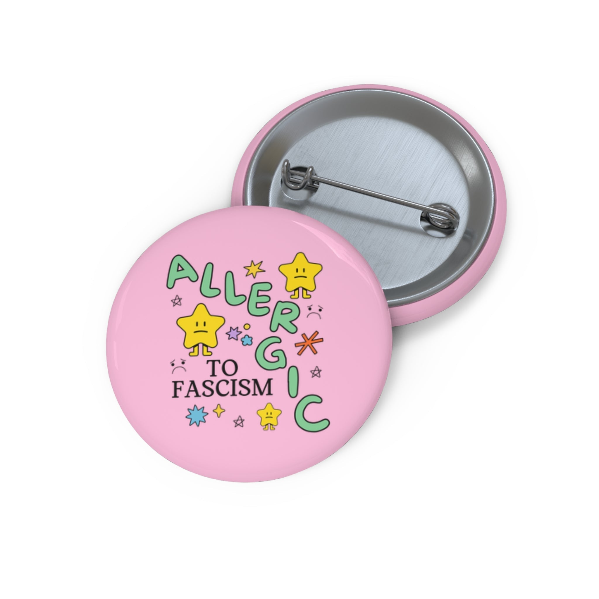Allergic to Fascism Pinback Button, Cute Democratic Socialist or Leftist Button with Cute 90s Doodles, Funny Saying Political Left Gift with Stars - Opal and June