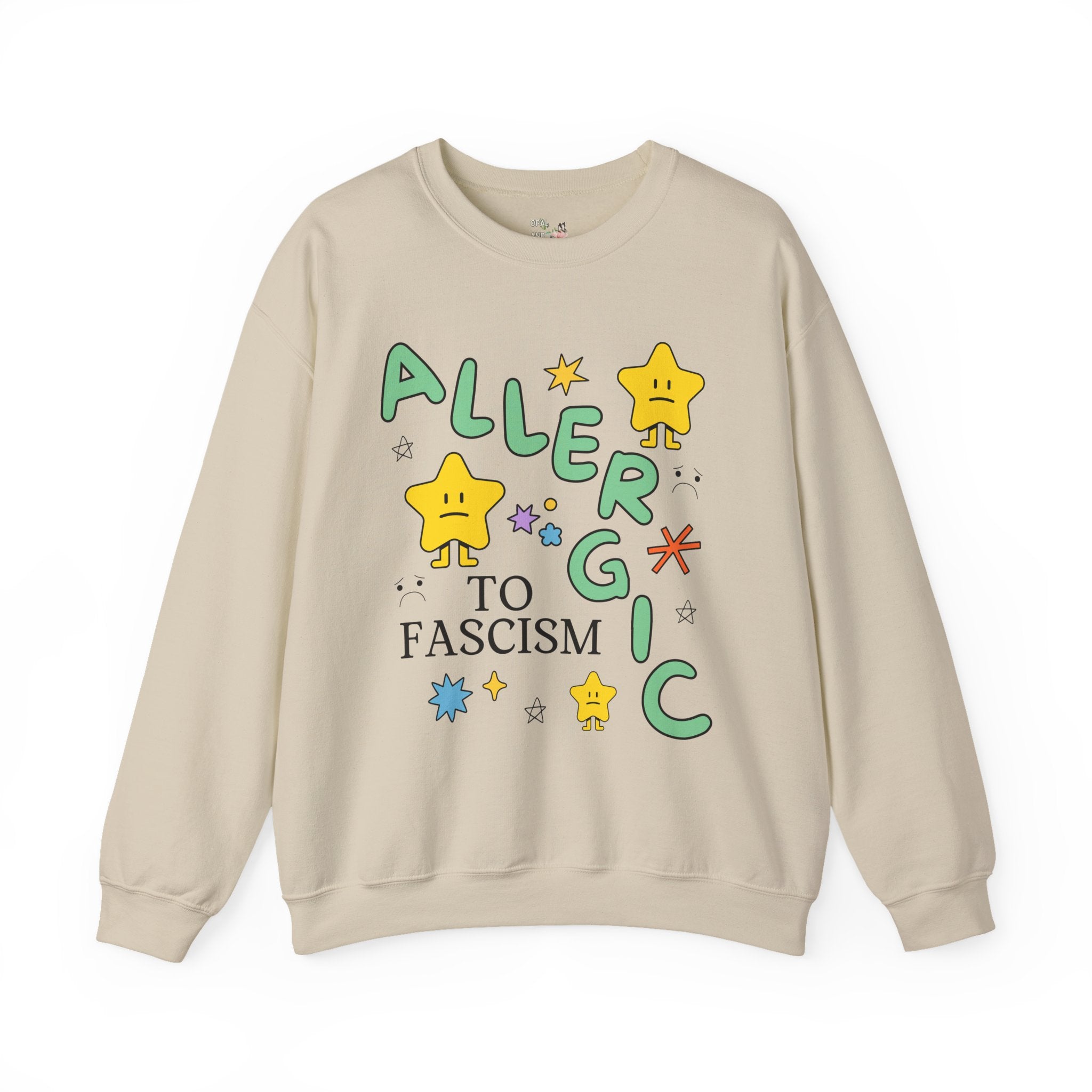 Allergic to Fascism Sweatshirt, Cute Democratic Socialist or Leftist Shirt, Cute 90s Doodles, Funny Saying Political Left Shirt with Stars - Opal and June