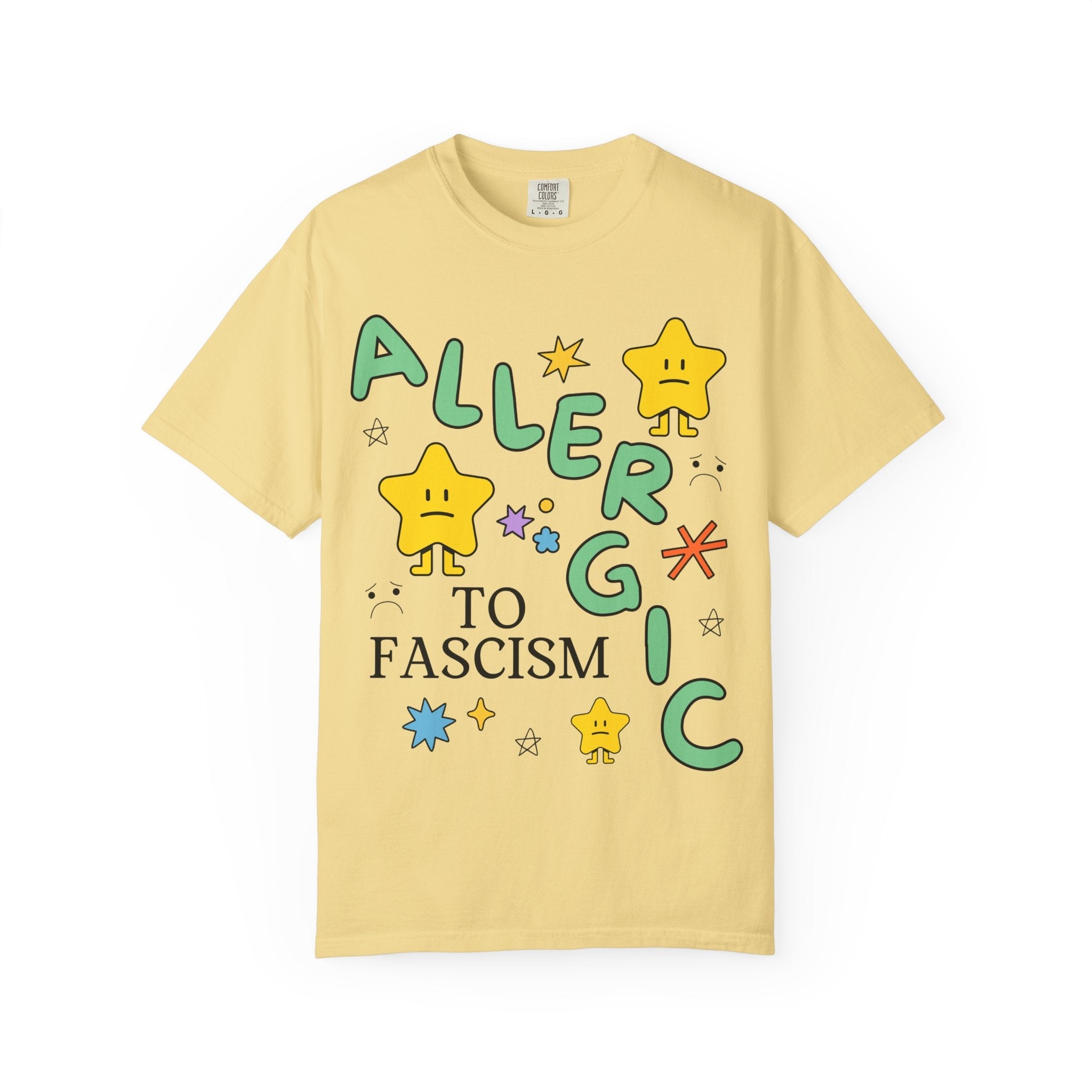 Allergic to Fascism Tee Shirt, Cute Democratic Socialist or Leftist Shirt with Cute 90s Doodles, Funny Saying Political Left Tee with Stars - Opal and June