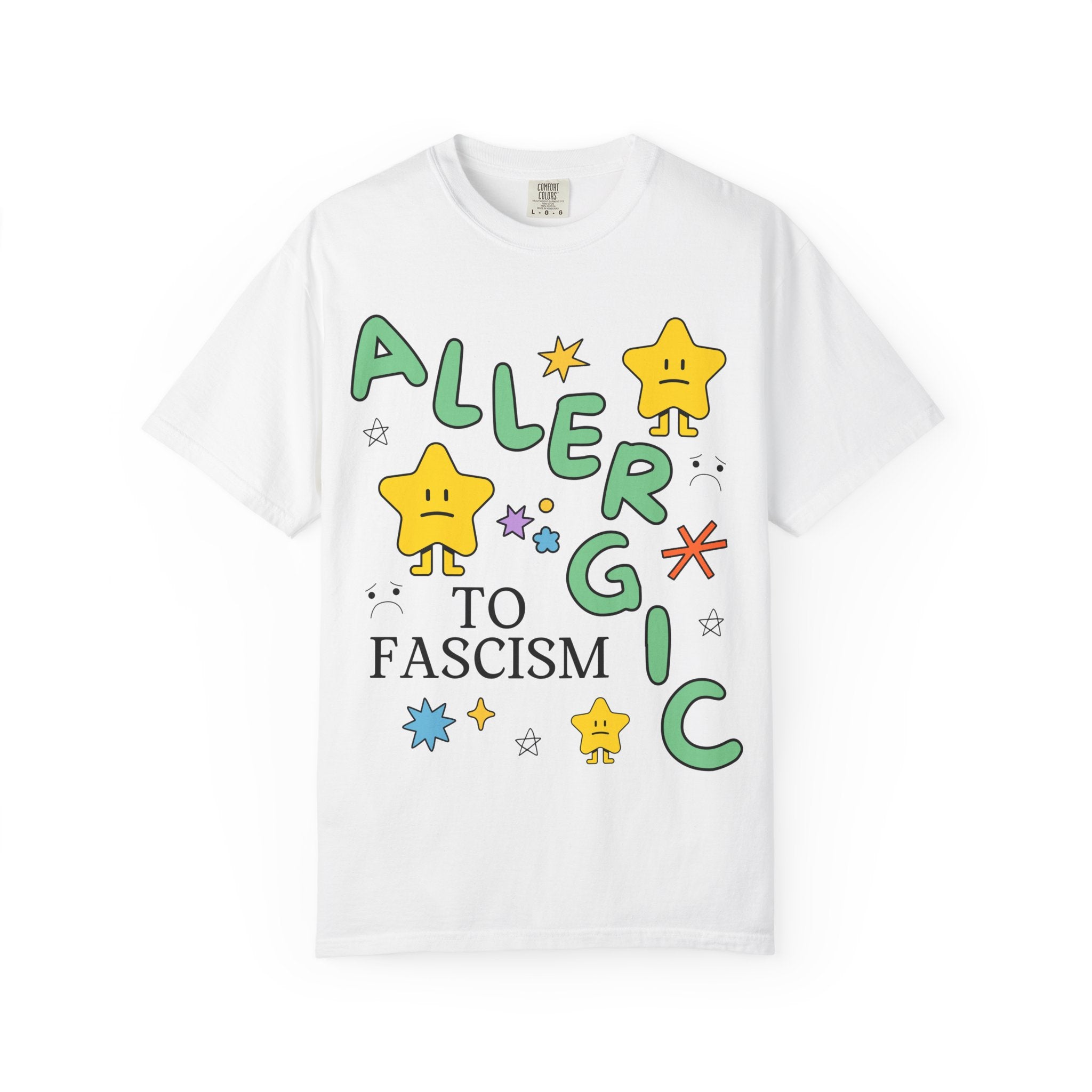 Allergic to Fascism Tee Shirt, Cute Democratic Socialist or Leftist Shirt with Cute 90s Doodles, Funny Saying Political Left Tee with Stars - Opal and June