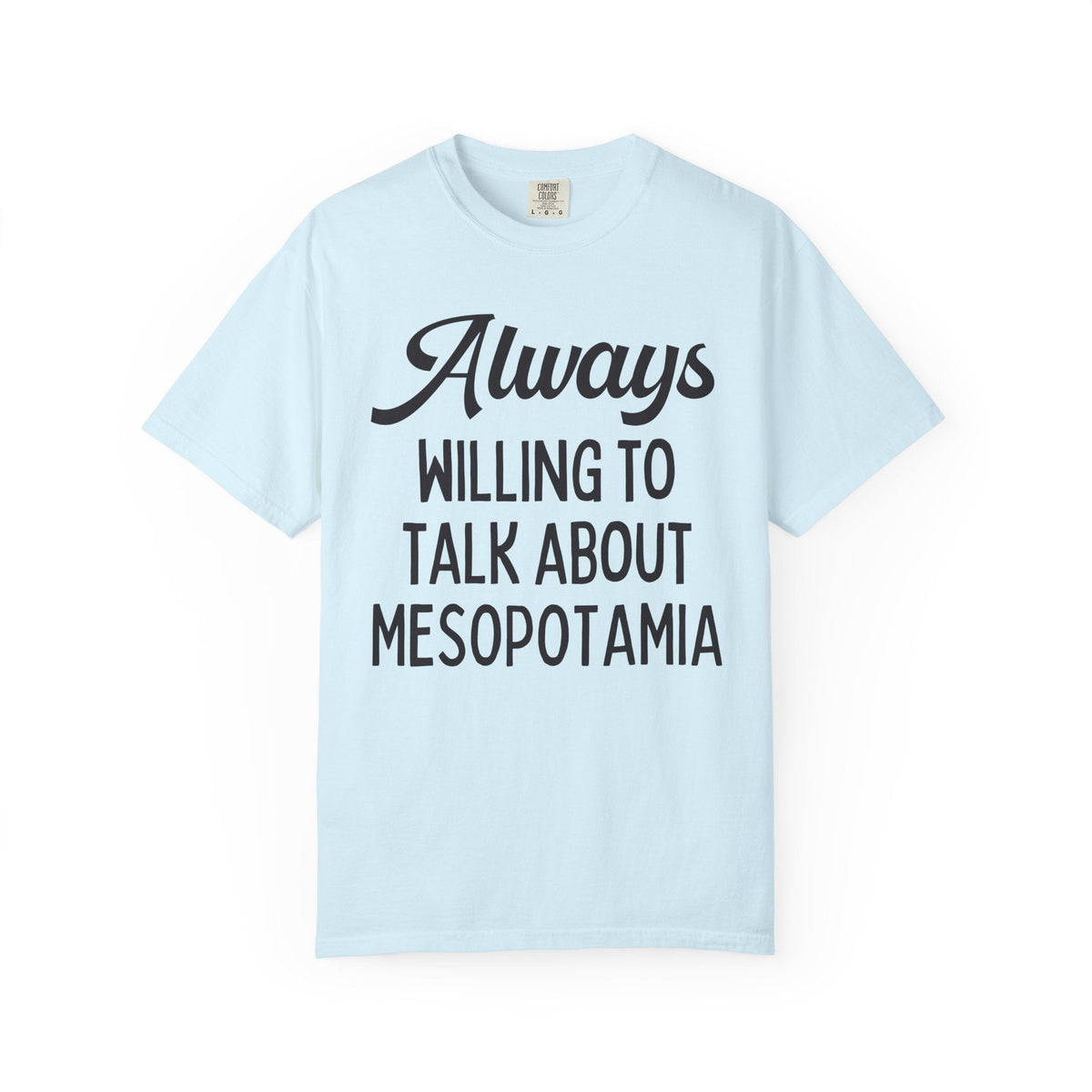 Always Willing to Talk About Mesopotamia History Buff Tee Shirt: Ancient History Teacher, Upper and Lower Mesopotamia 35000 BCE, Middle Eastern History Tee - Opal and June