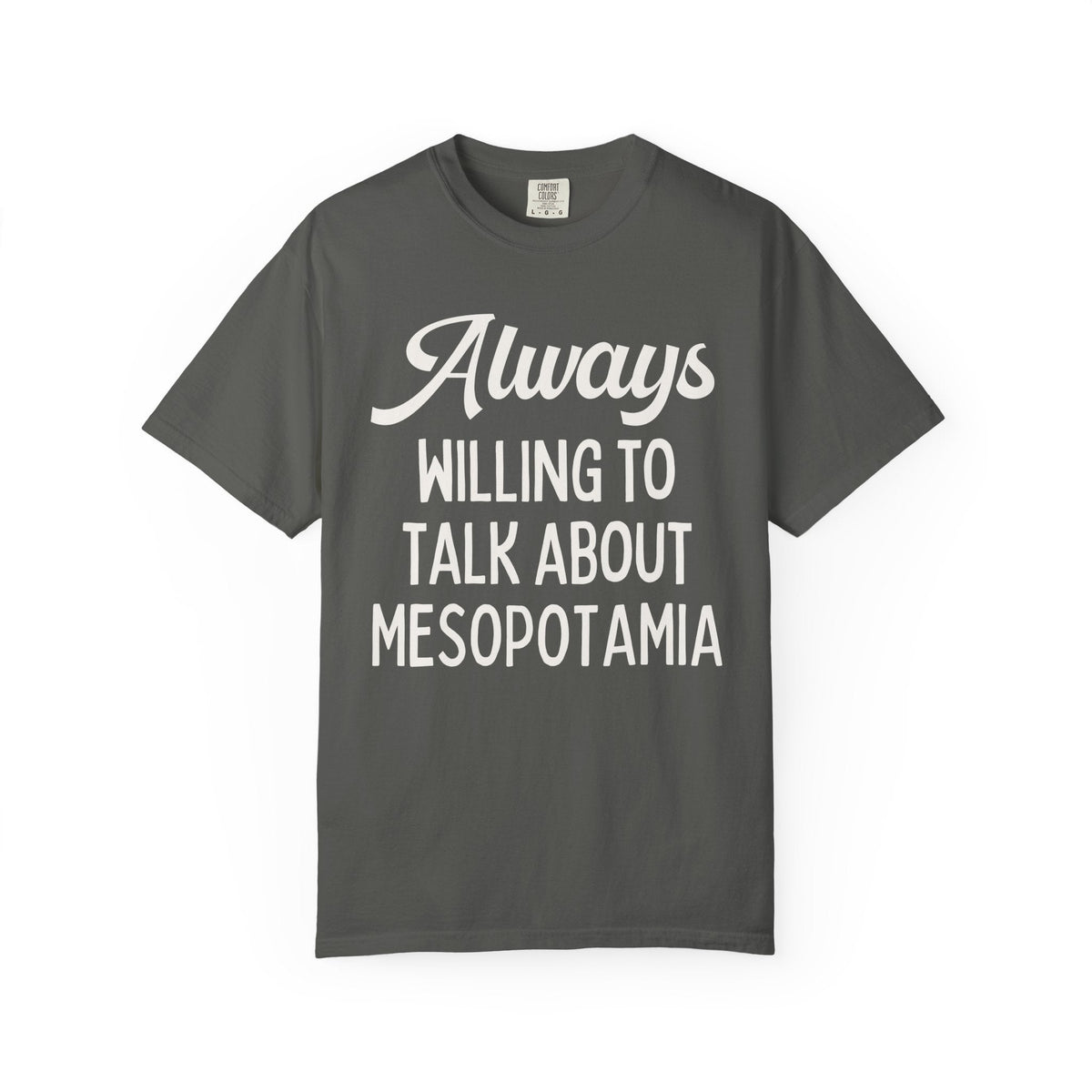 Always Willing to Talk About Mesopotamia History Buff Tee Shirt: Ancient History Teacher, Upper and Lower Mesopotamia 35000 BCE, Middle Eastern History Tee - Opal and June