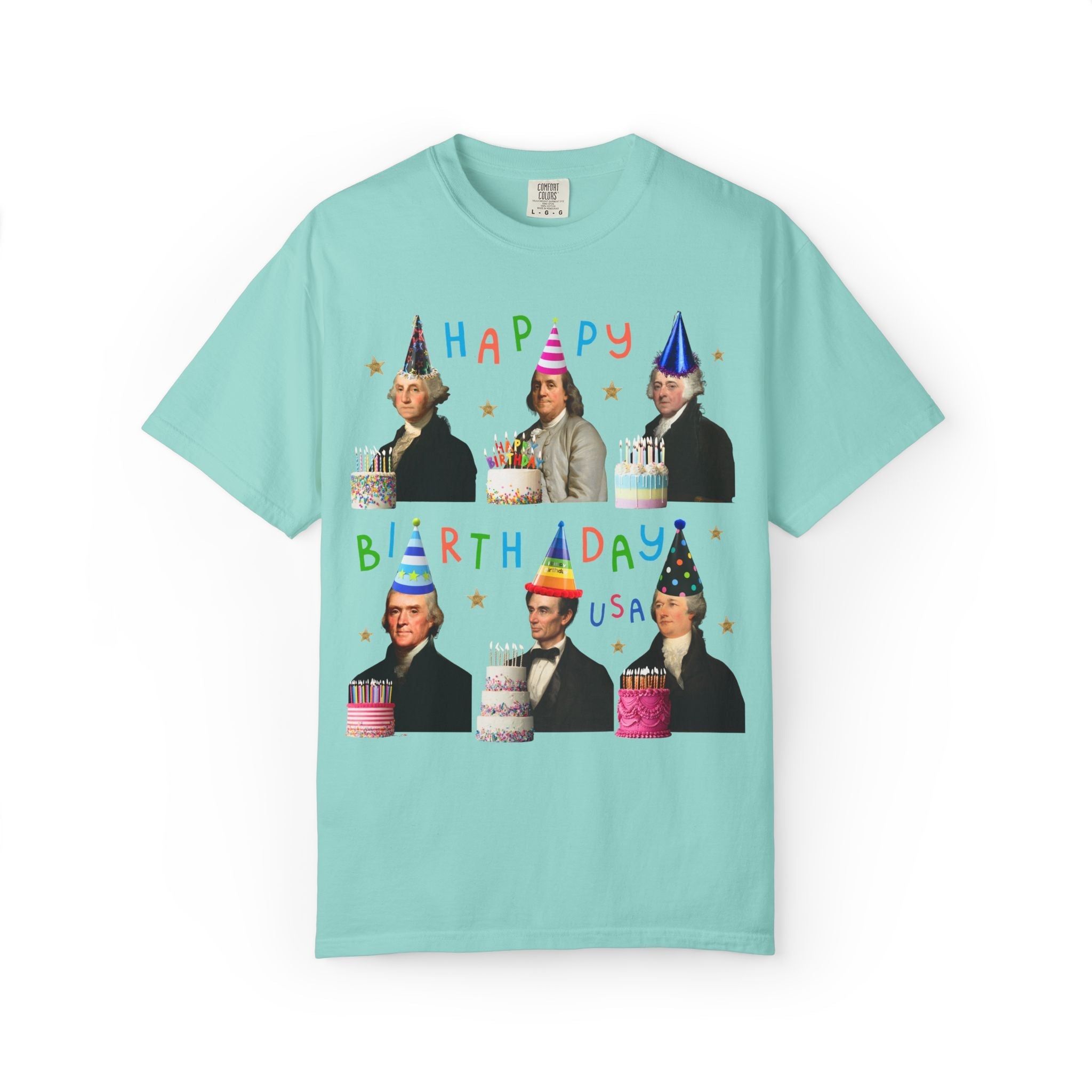 American History Fourth of July Birthday Party Tee Shirt, US Historical Figures Wearing Hats and Holding Birthday Cakes Happy Birthday USA - Opal and June
