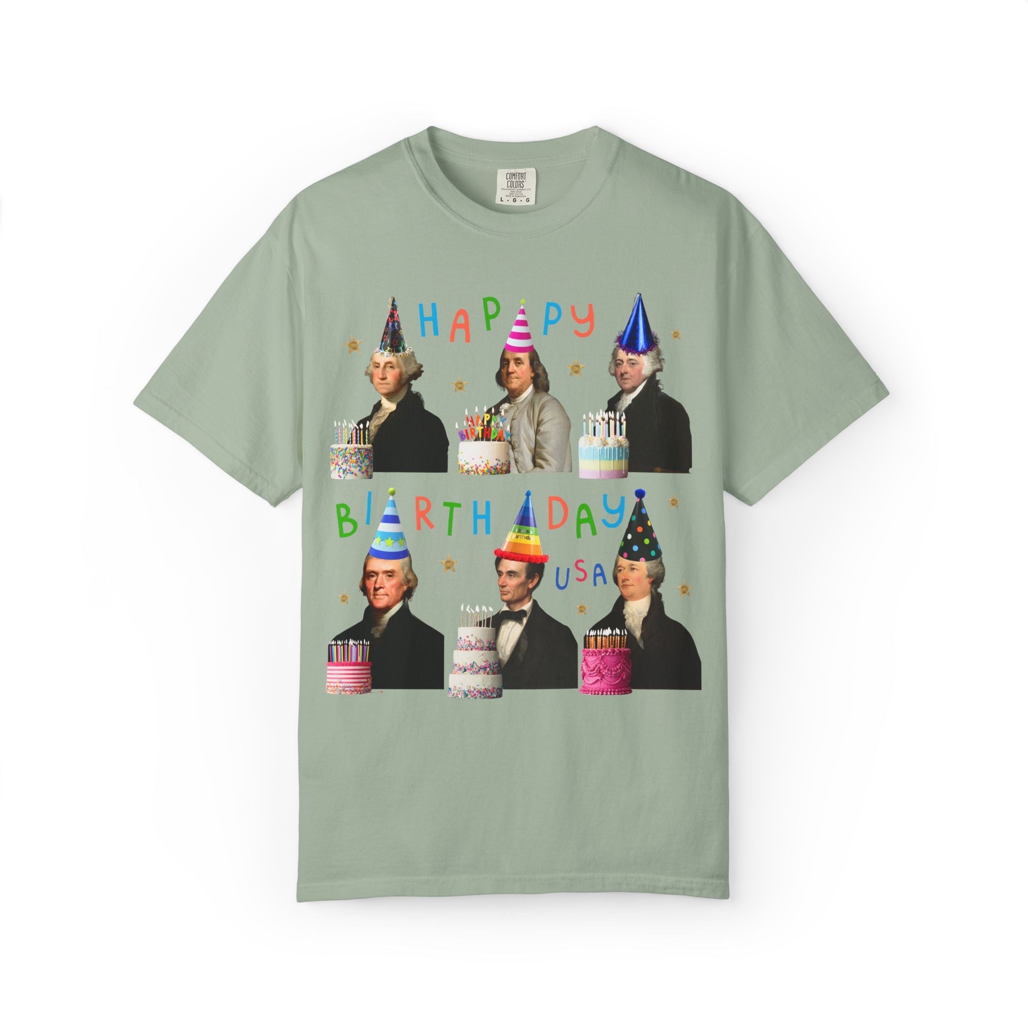 American History Fourth of July Birthday Party Tee Shirt, US Historical Figures Wearing Hats and Holding Birthday Cakes Happy Birthday USA - Opal and June