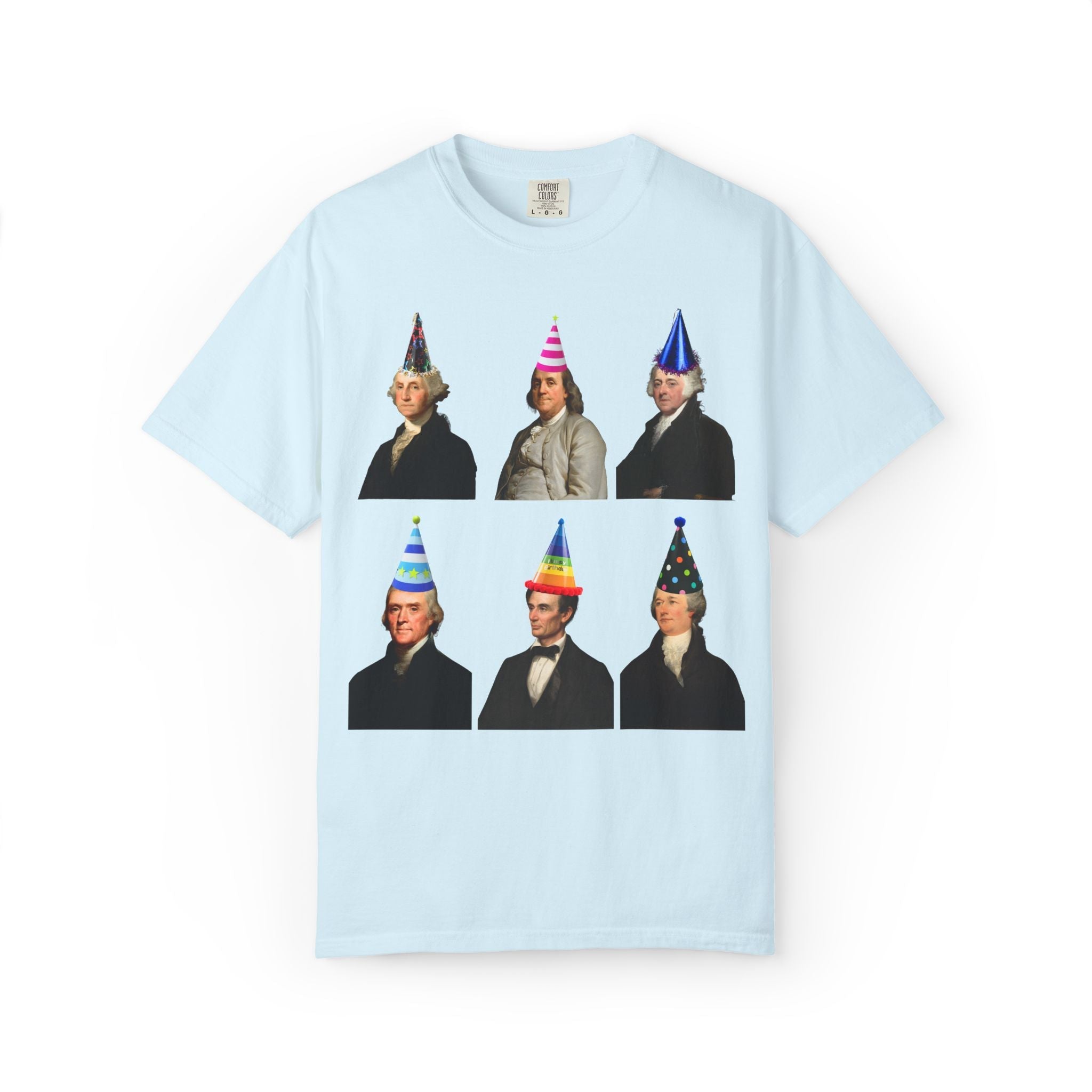 American History Fourth of July or Birthday Party Tee Shirt with Presidents and Early US Historical Figures Wearing Hats: Washington Lincoln - Opal and June
