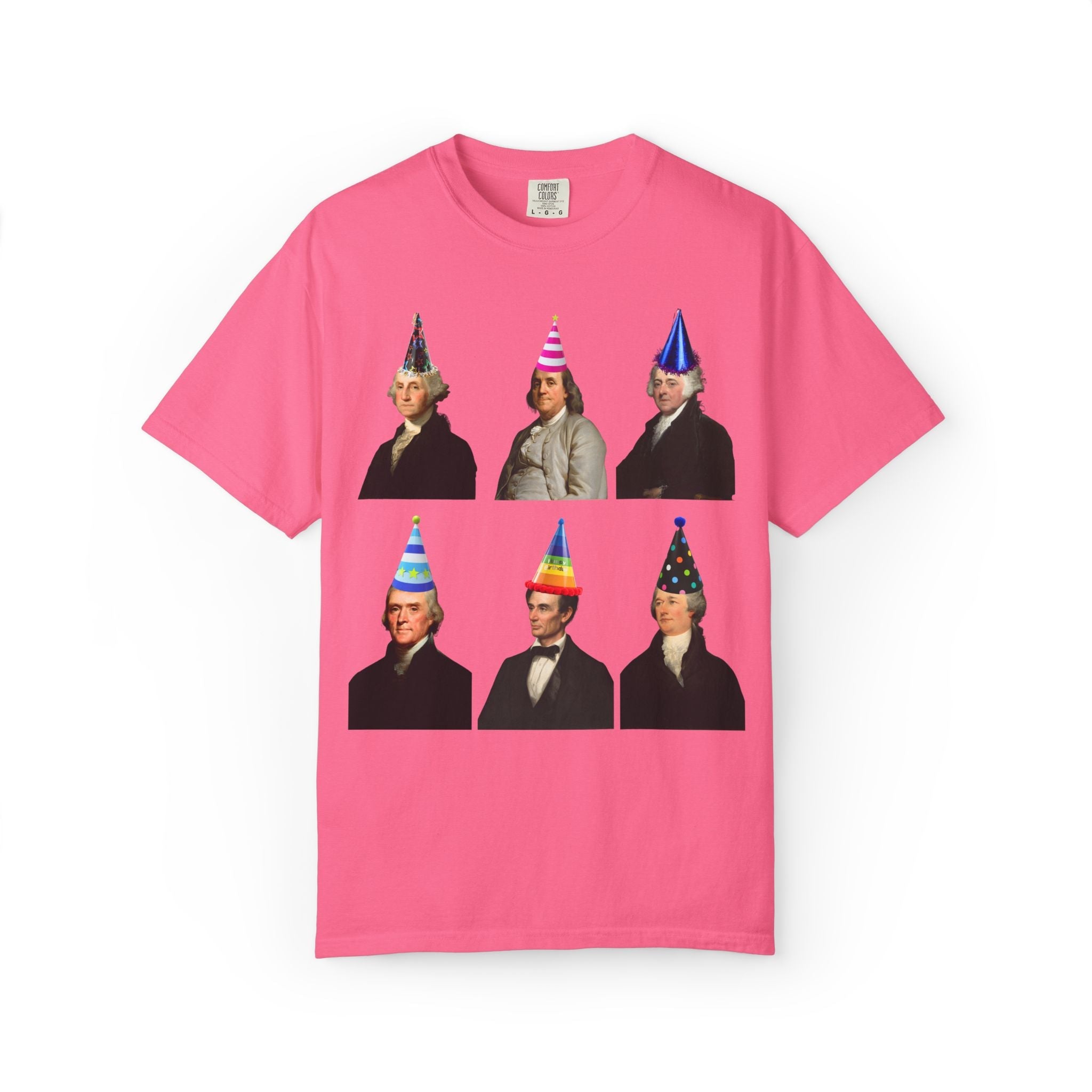 American History Fourth of July or Birthday Party Tee Shirt with Presidents and Early US Historical Figures Wearing Hats: Washington Lincoln - Opal and June