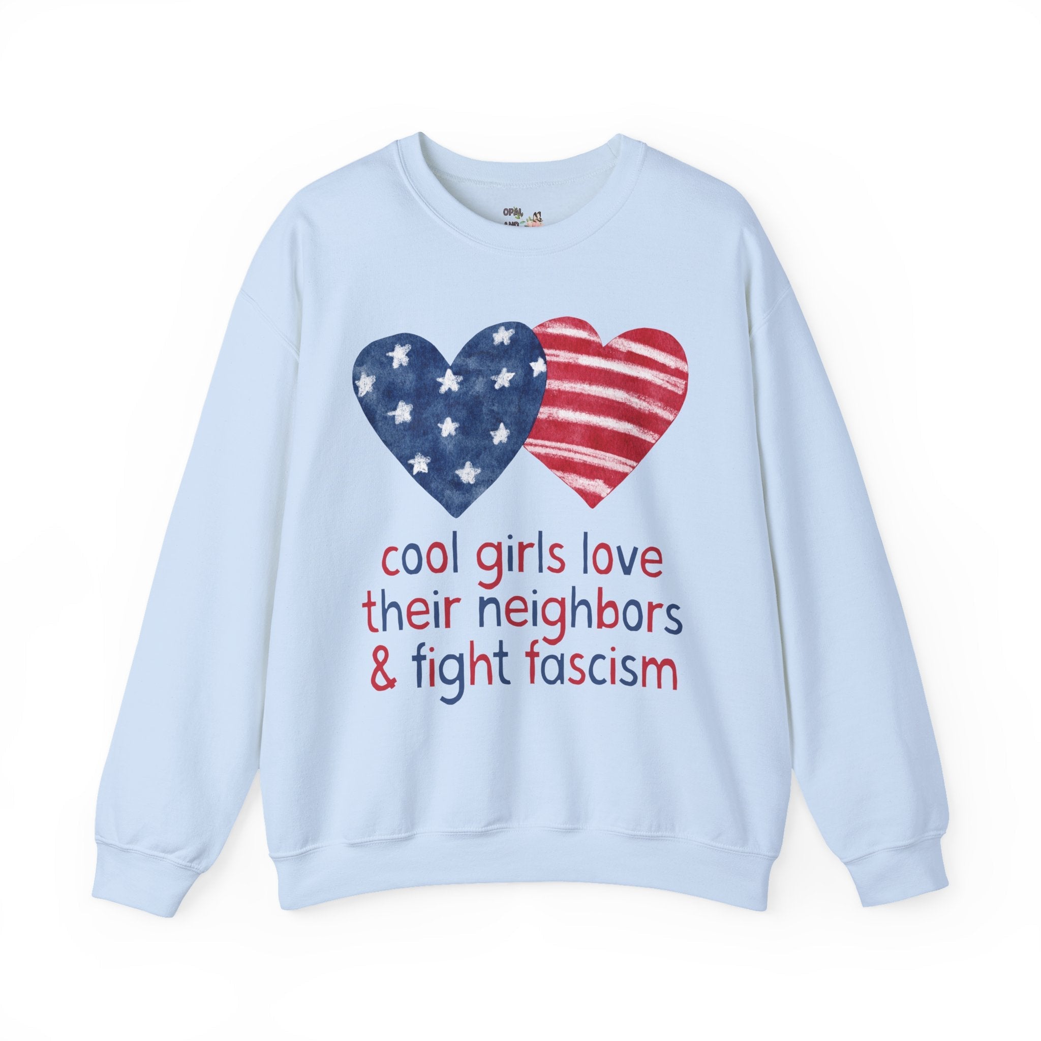 Anti Fascist Fourth of July Sweatshirt, Women's Equal Rights Tee: Cool Girls Love Their Neighbors and Fight Fascism, Democratic Leftist Crewneck - Opal and June