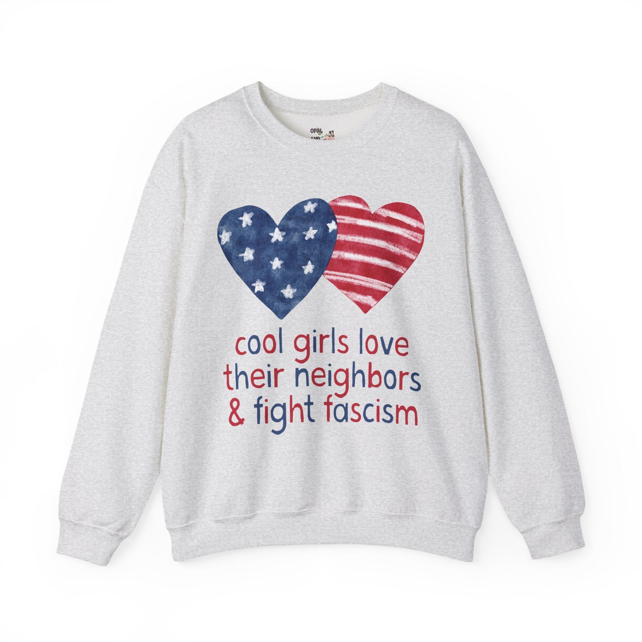 Anti Fascist Fourth of July Sweatshirt, Women's Equal Rights Tee: Cool Girls Love Their Neighbors and Fight Fascism, Democratic Leftist Crewneck - Opal and June