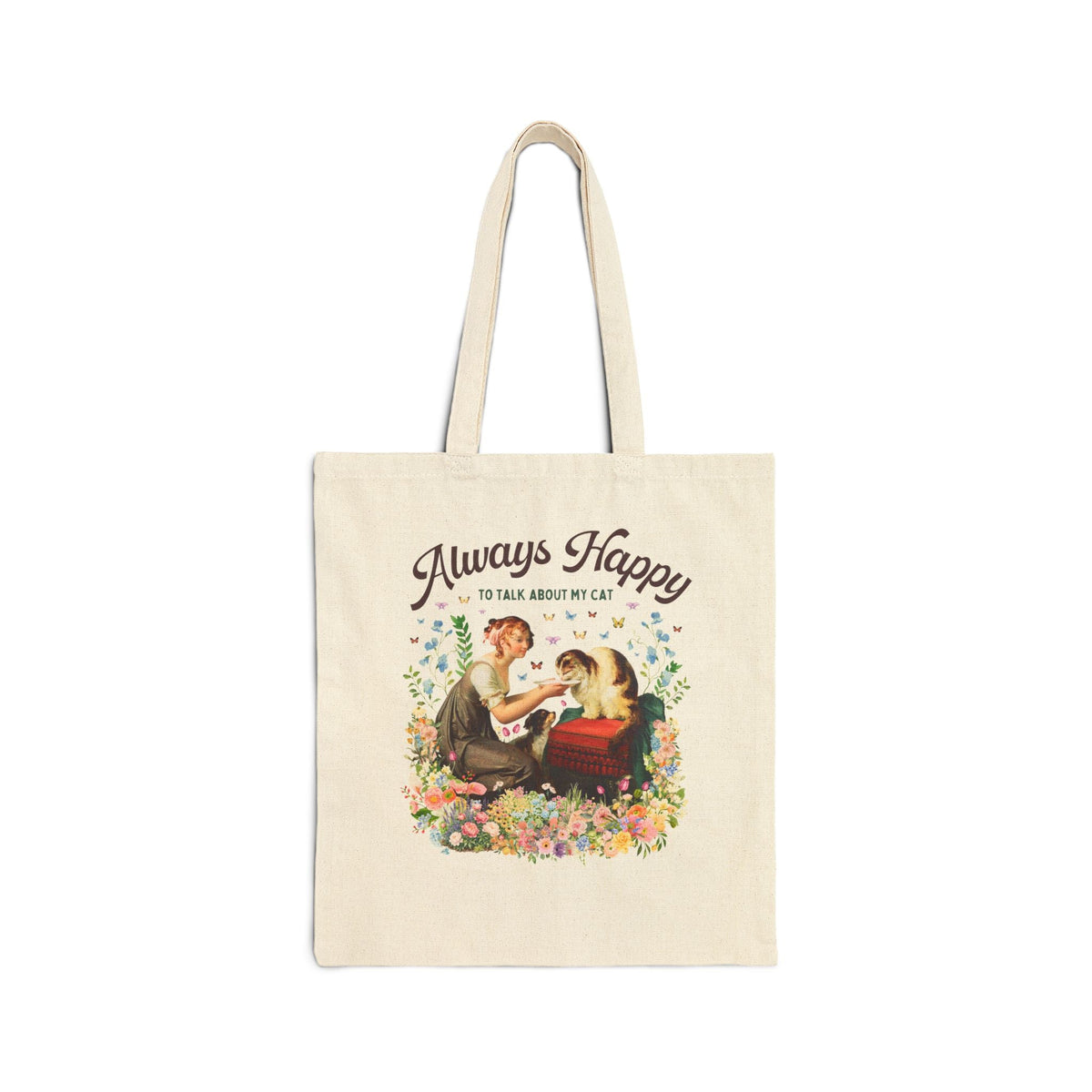 Art History Cat Lover Tote Bag: Always Happy to Talk About My Cat Funny Cat Mom or Cat Dad Tote, Floral Goblincore Kitten Tote Bag - Opal and June