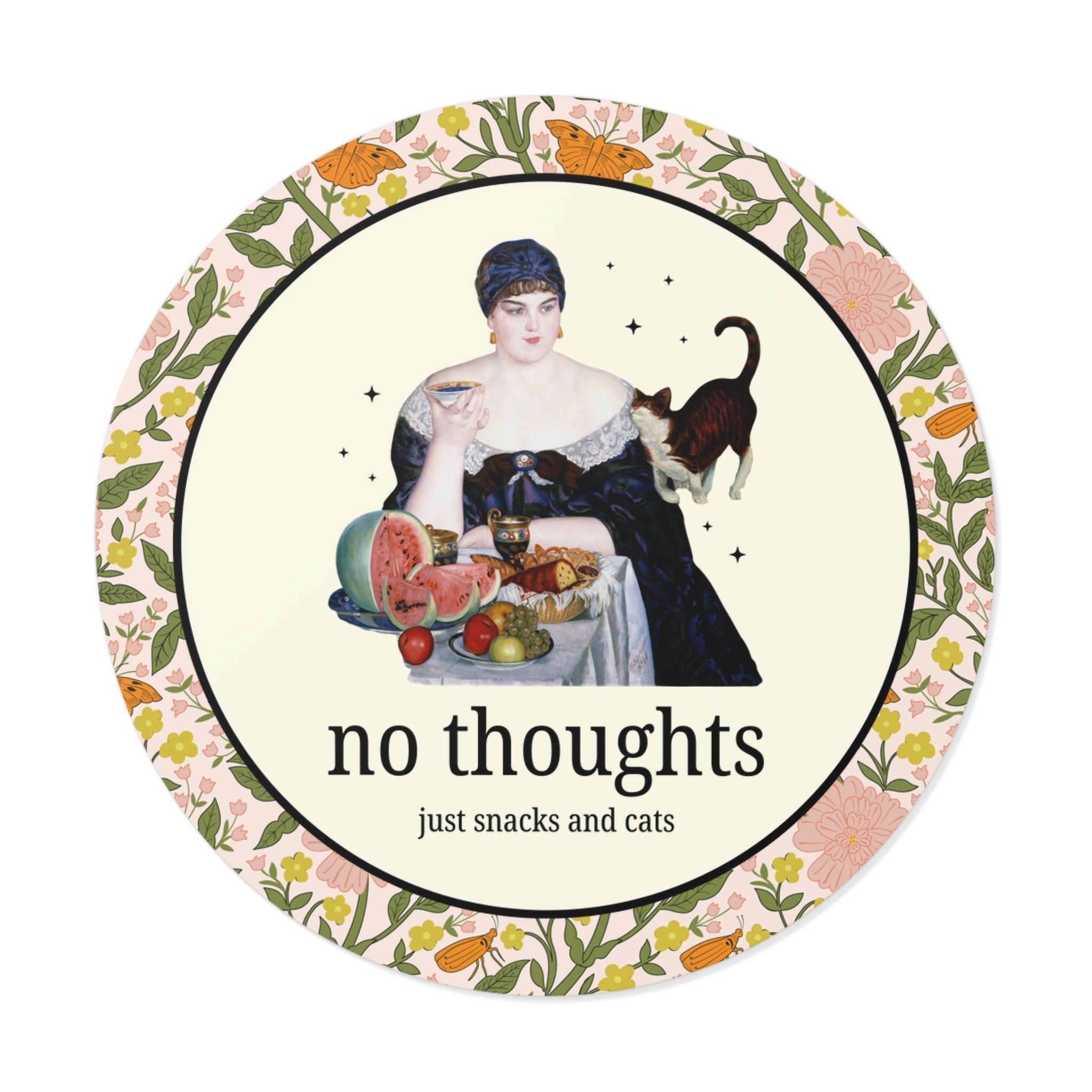 Art History Lover Sticker for Cat Mom or Cat Dad: No Thoughts, Just Snacks and Cats, Silly 19th Century Art Lover Round Sticker with Stars - Opal and June