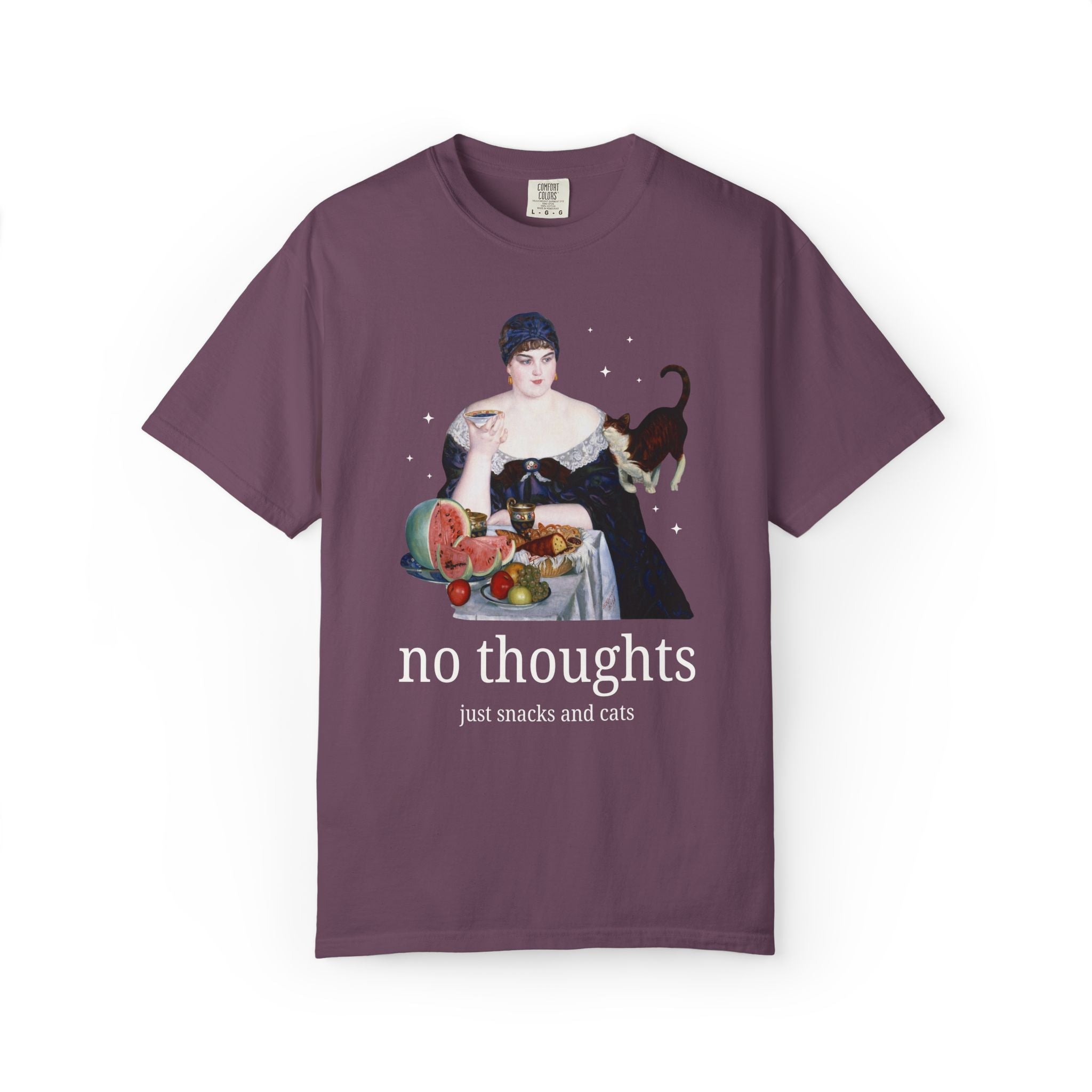 Art History Lover Tee Shirt for Cat Mom or Cat Dad: No Thoughts, Just Snacks and Cats, Silly 19th Century Art Lover T-Shirt with Stars - Opal and June