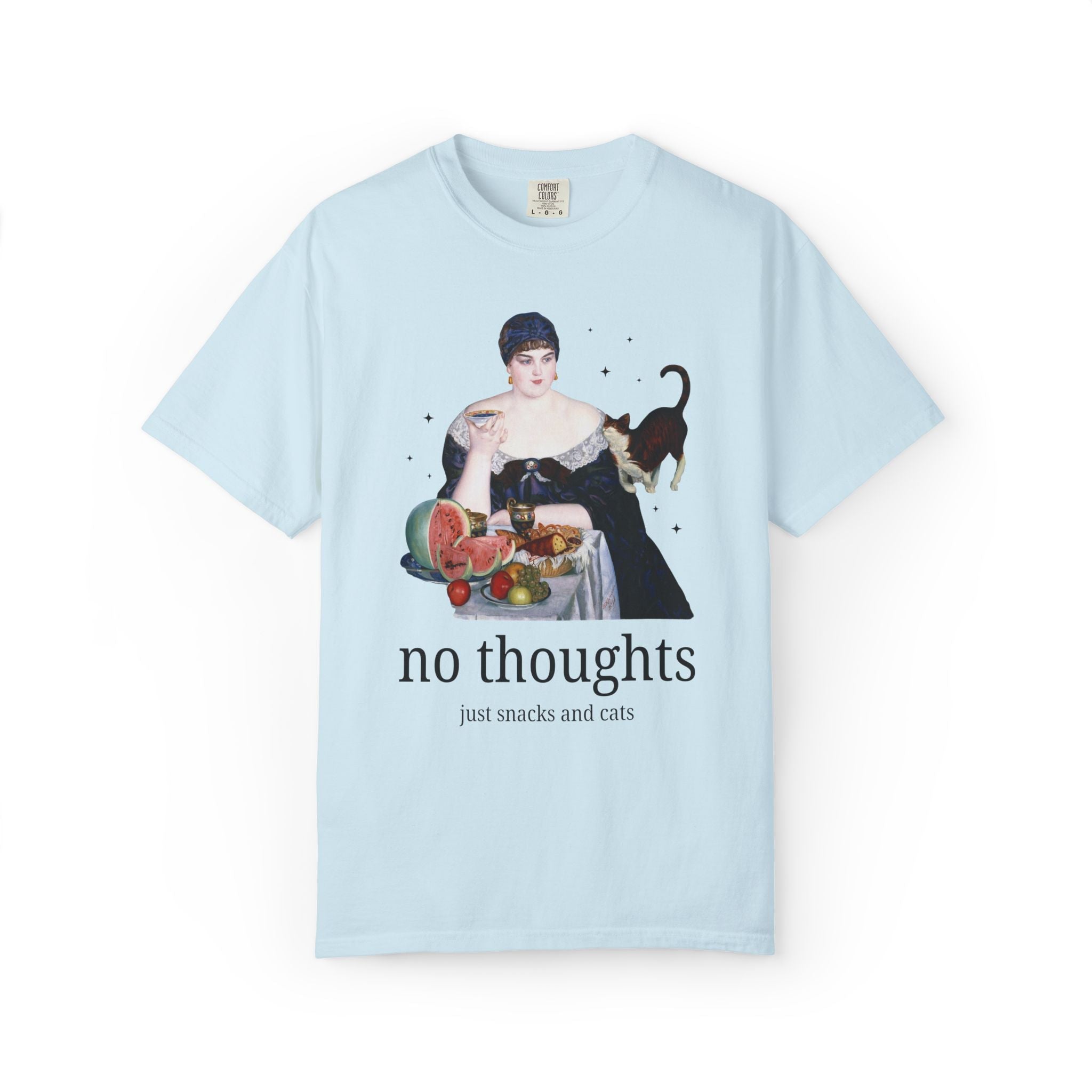 Art History Lover Tee Shirt for Cat Mom or Cat Dad: No Thoughts, Just Snacks and Cats, Silly 19th Century Art Lover T-Shirt with Stars - Opal and June