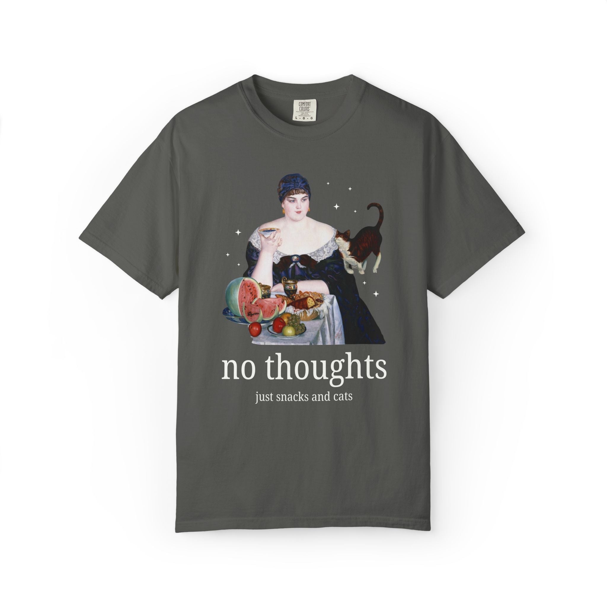 Art History Lover Tee Shirt for Cat Mom or Cat Dad: No Thoughts, Just Snacks and Cats, Silly 19th Century Art Lover T-Shirt with Stars - Opal and June