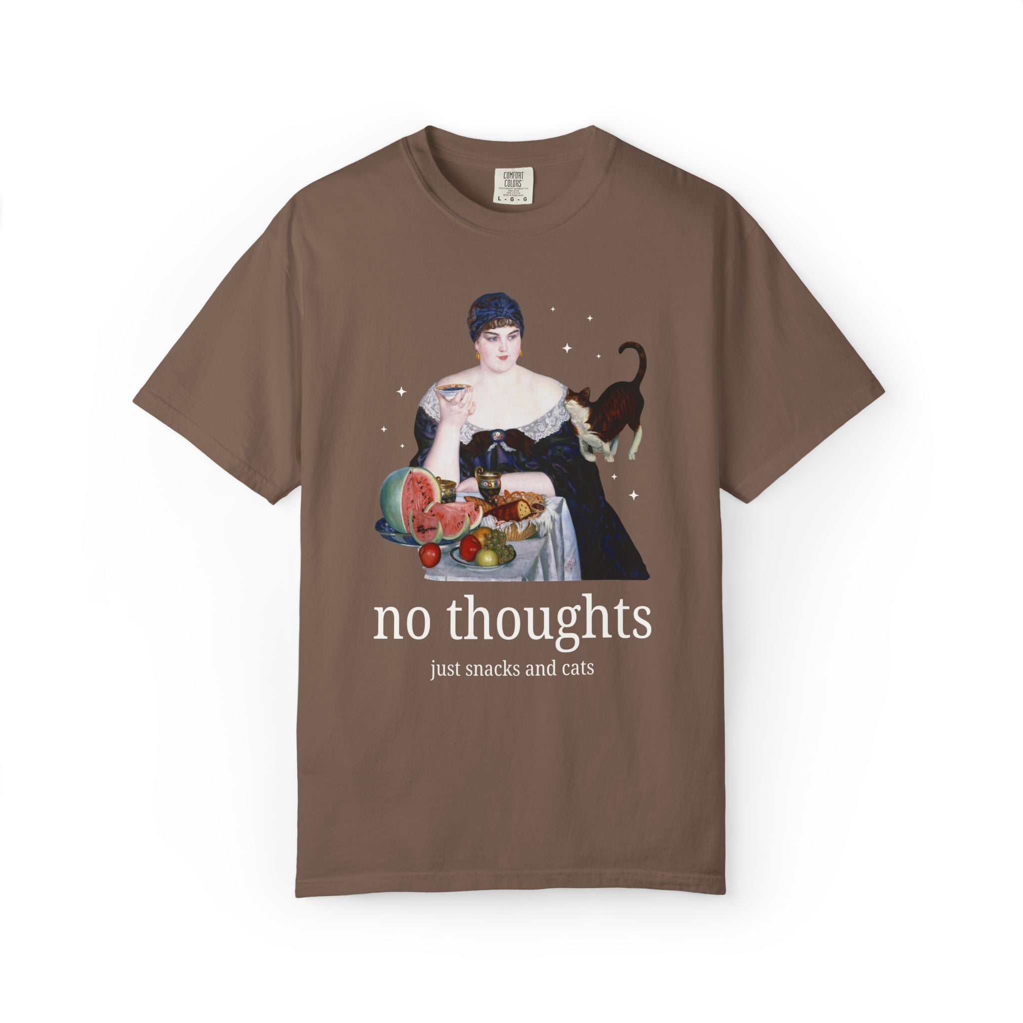 Art History Lover Tee Shirt for Cat Mom or Cat Dad: No Thoughts, Just Snacks and Cats, Silly 19th Century Art Lover T-Shirt with Stars - Opal and June