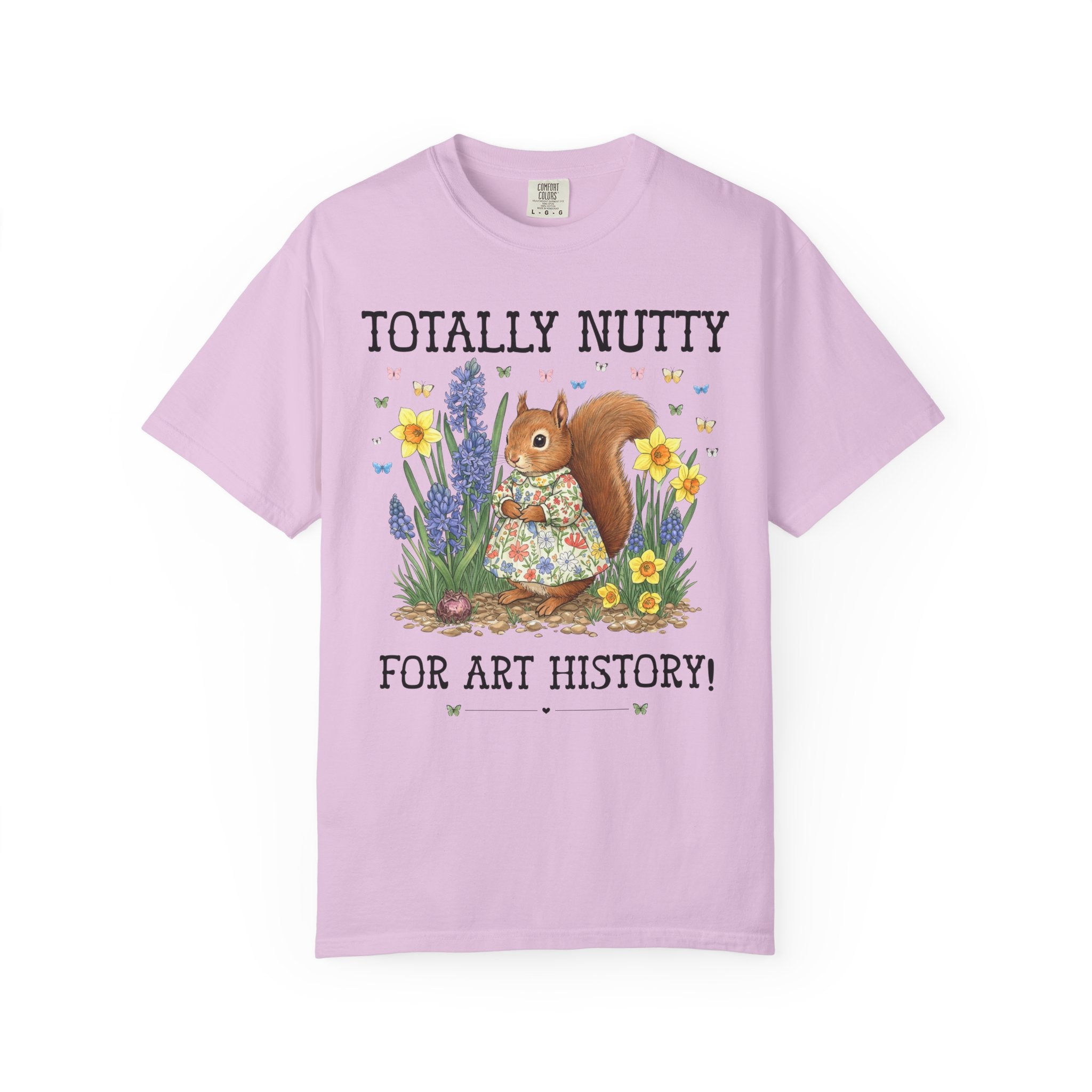 Art History Lover Tee Shirt with Cute Squirrel Surrounded by Flowers, Art Historian or Humanities Major or Professor Shirt with Butterflies - Opal and June