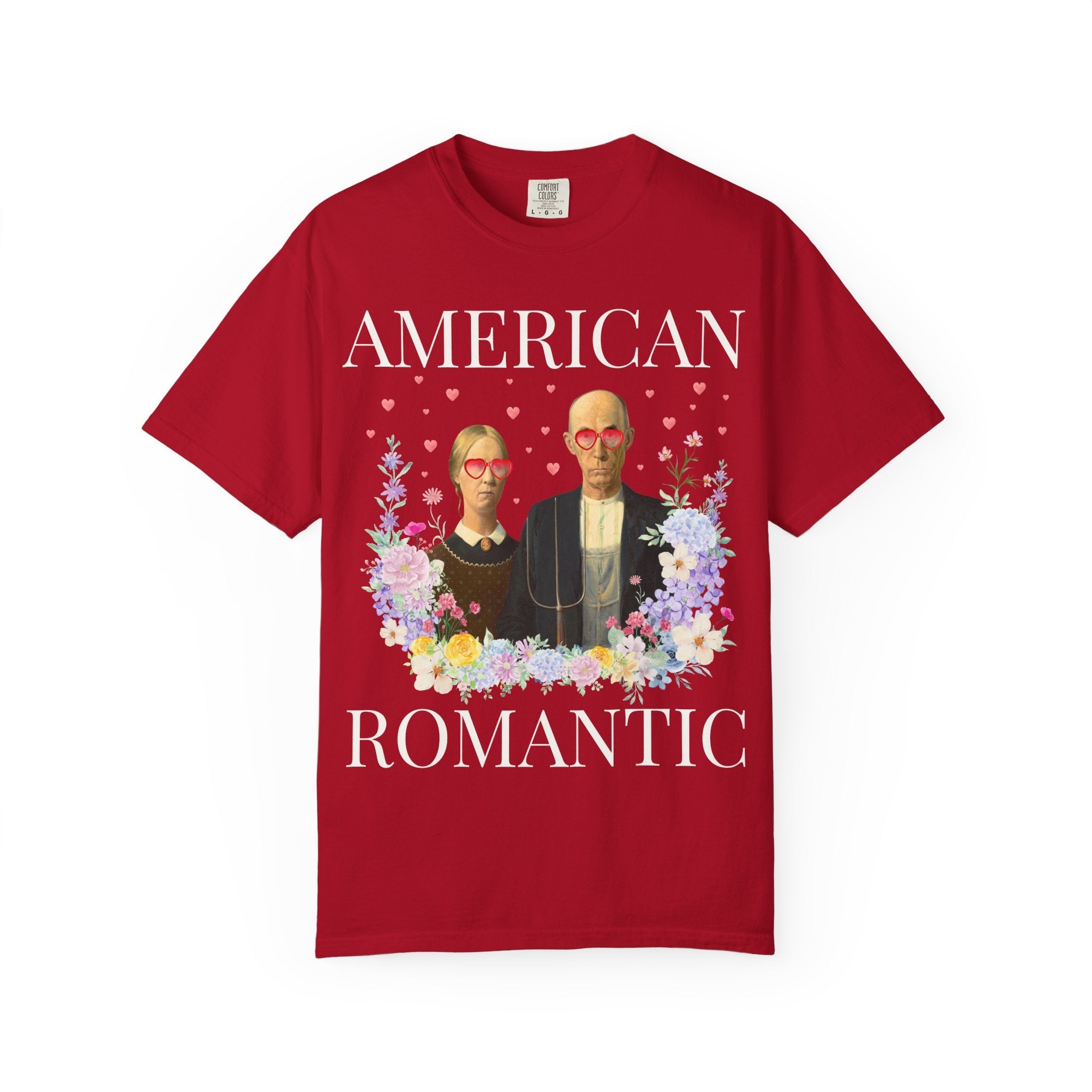 Art History Valentine's Day Tee Shirt with Funny Saying, American Gothic Painting by Grant Wood, Silly Academic Floral T-Shirt with Hearts - Opal and June