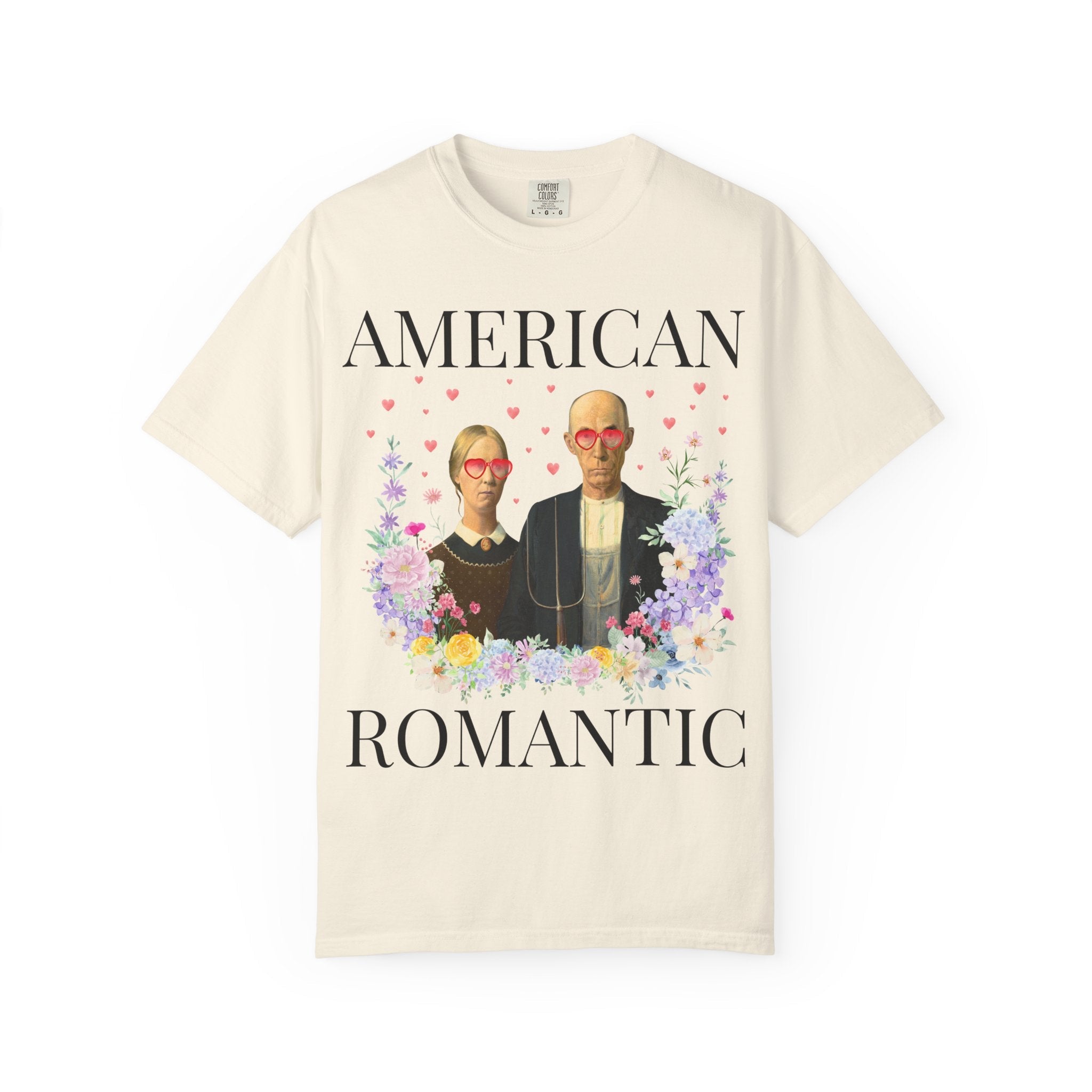 Art History Valentine's Day Tee Shirt with Funny Saying, American Gothic Painting by Grant Wood, Silly Academic Floral T-Shirt with Hearts - Opal and June