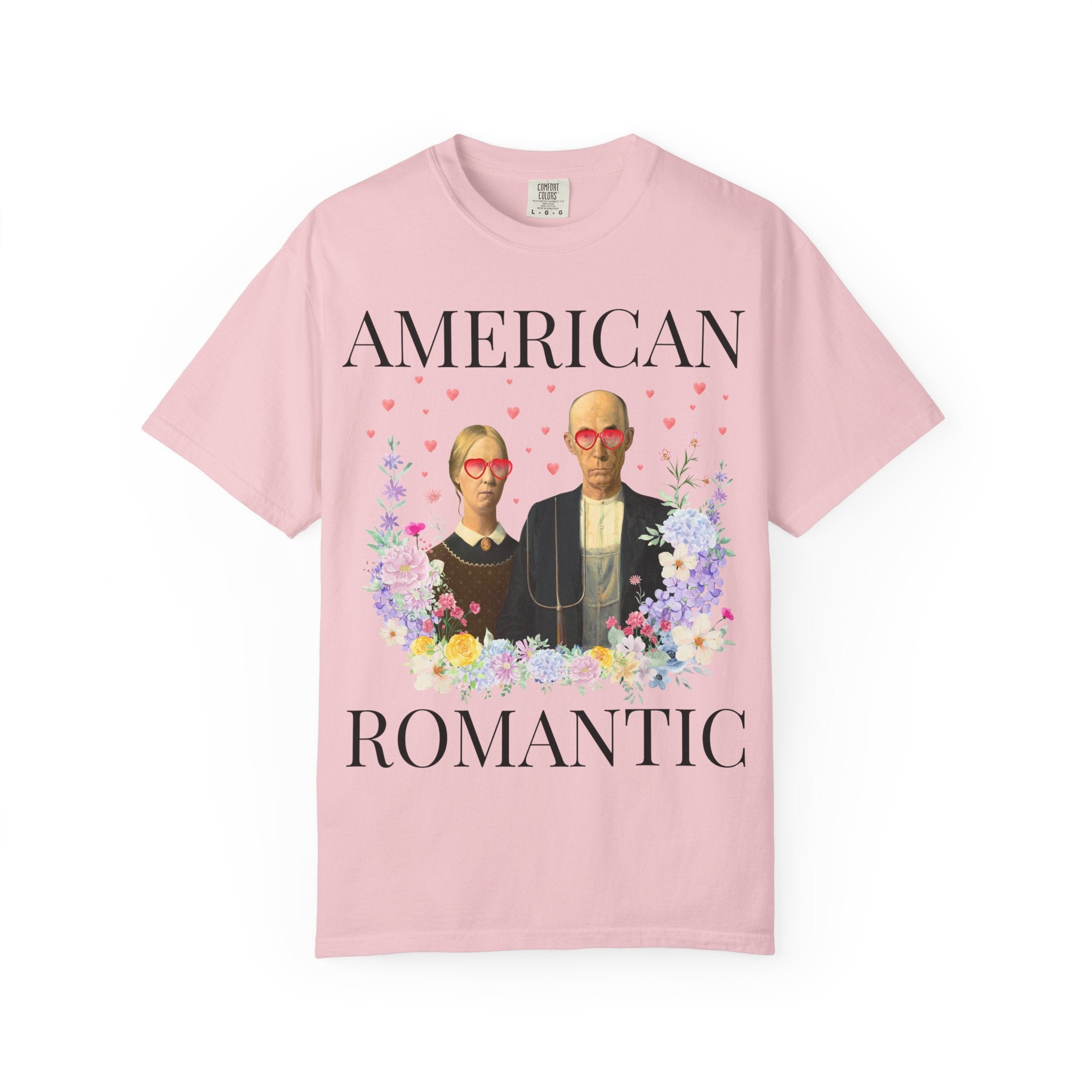 Art History Valentine's Day Tee Shirt with Funny Saying, American Gothic Painting by Grant Wood, Silly Academic Floral T-Shirt with Hearts - Opal and June