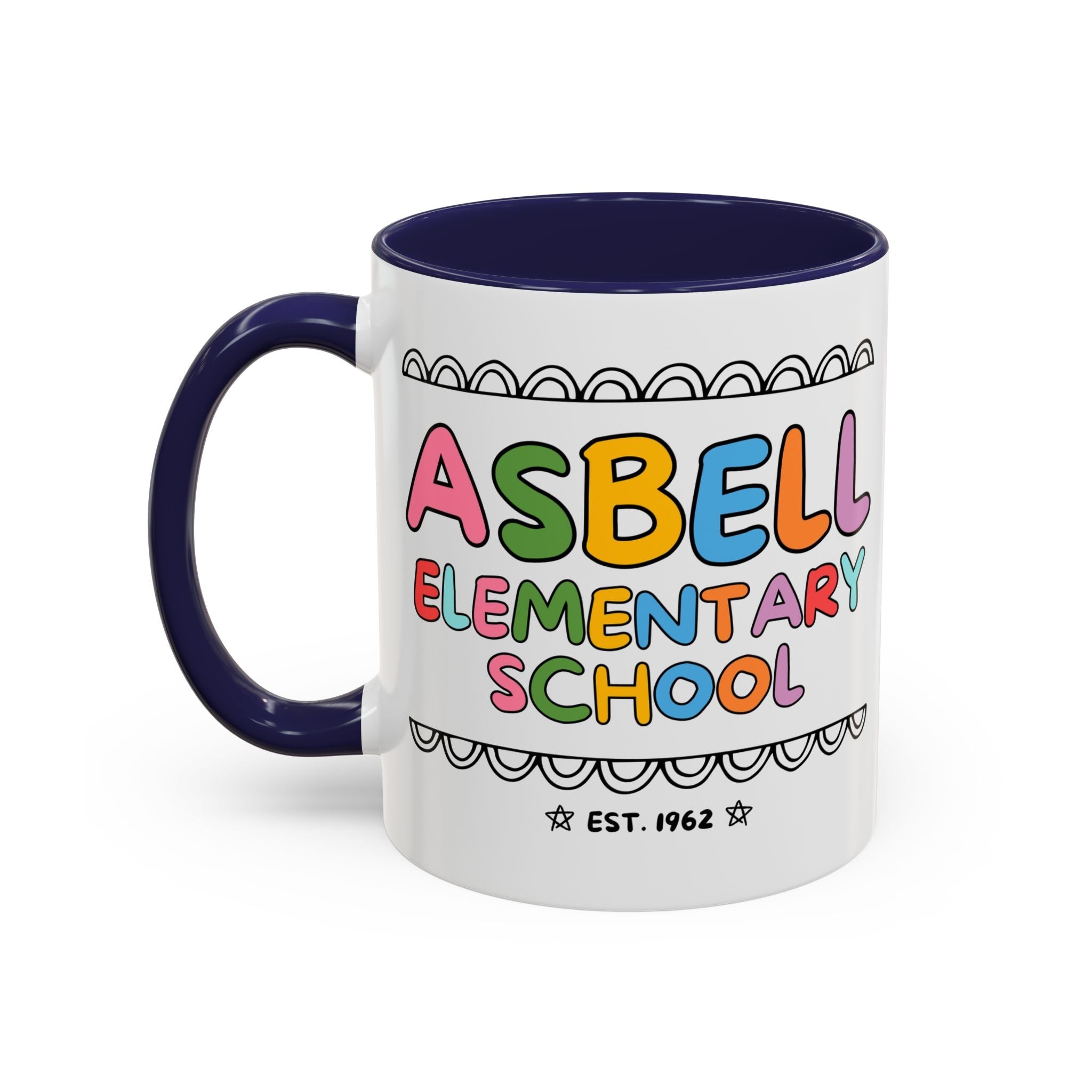 Asbell Elementary School 11 Oz Coffee Mug: Rainbow Letters - Opal and June
