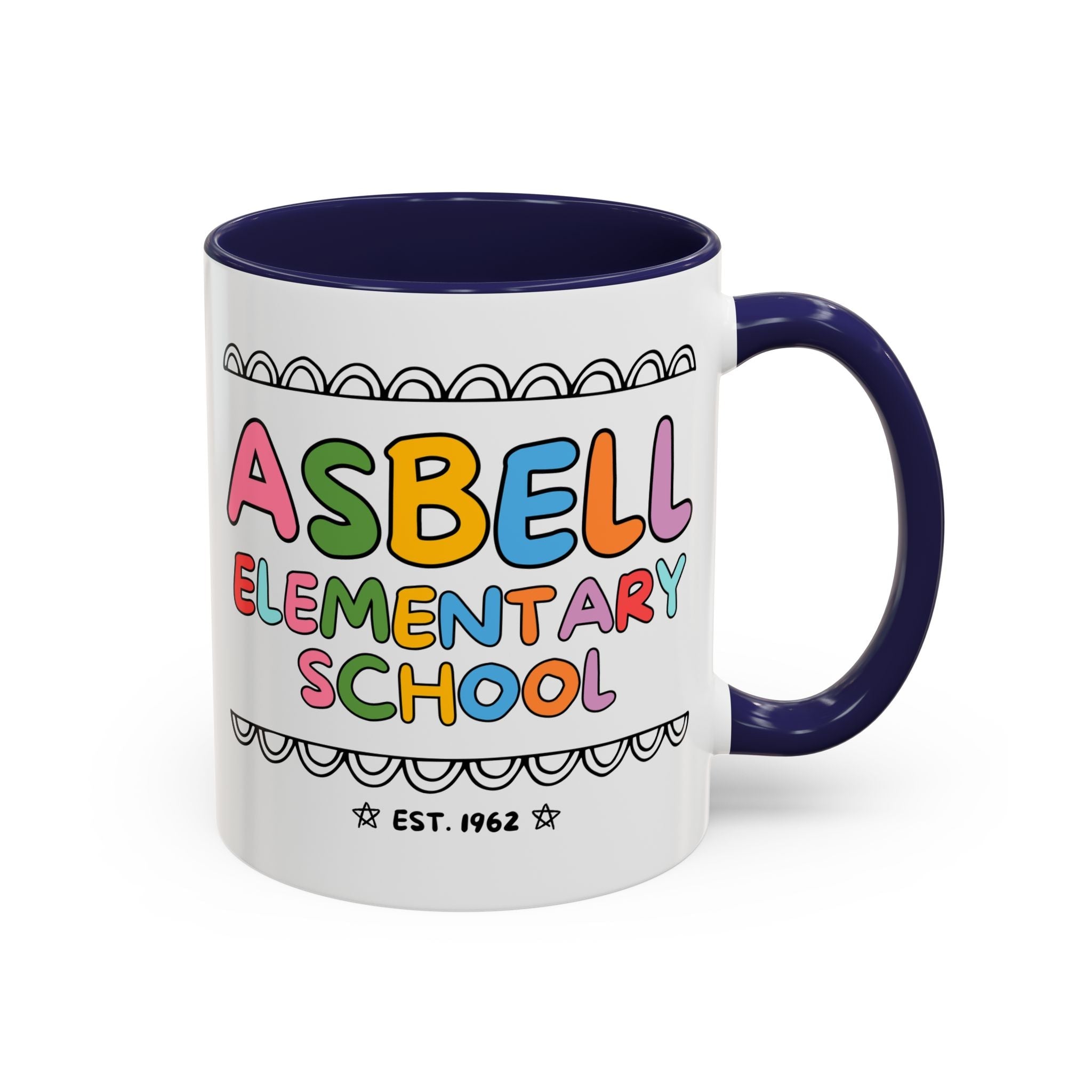 Asbell Elementary School 11 Oz Coffee Mug: Rainbow Letters - Opal and June