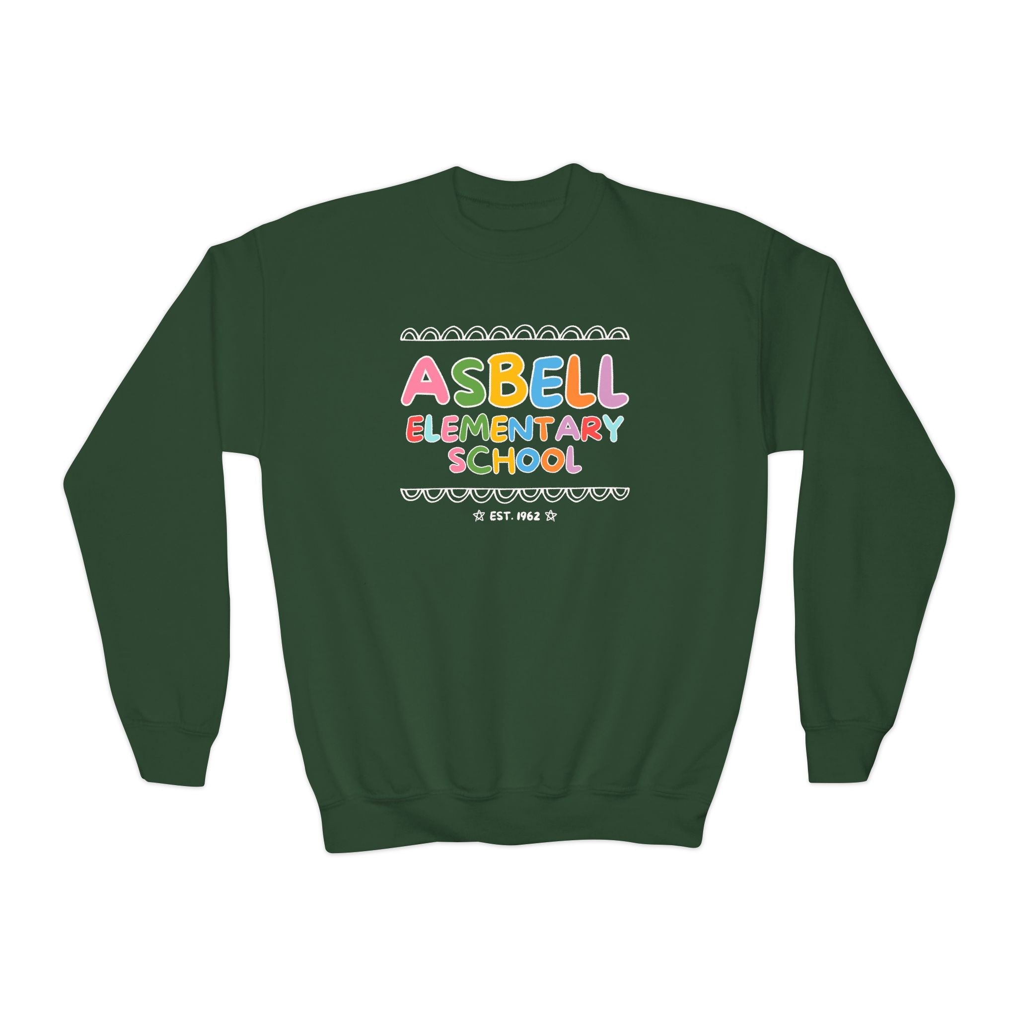 Asbell Elementary School Kids Sweatshirt: Rainbow Letters | FPS + Opal and June Kids Sweatshirt, Fayetteville Public Schools - Opal and June