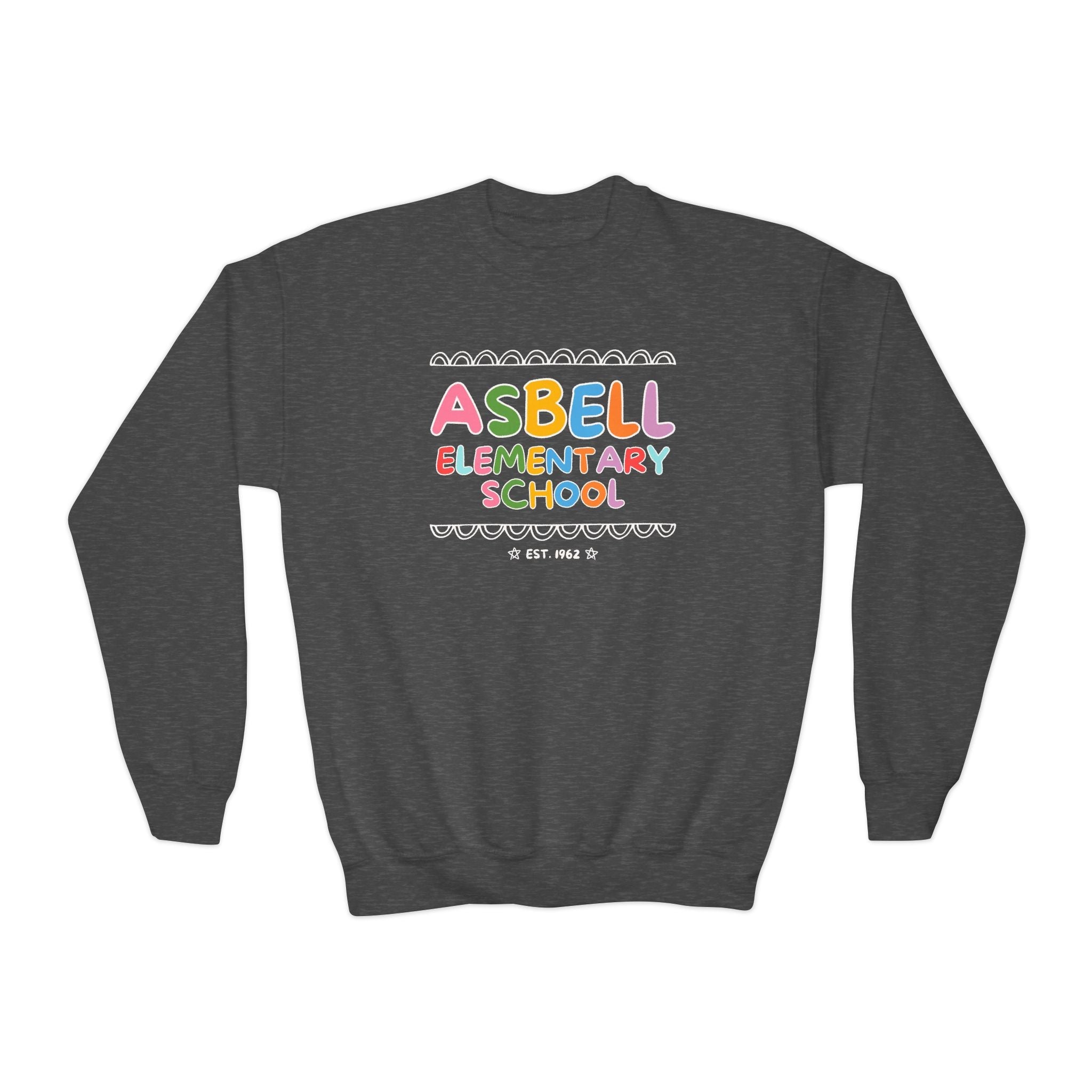 Asbell Elementary School Kids Sweatshirt: Rainbow Letters | FPS + Opal and June Kids Sweatshirt, Fayetteville Public Schools - Opal and June