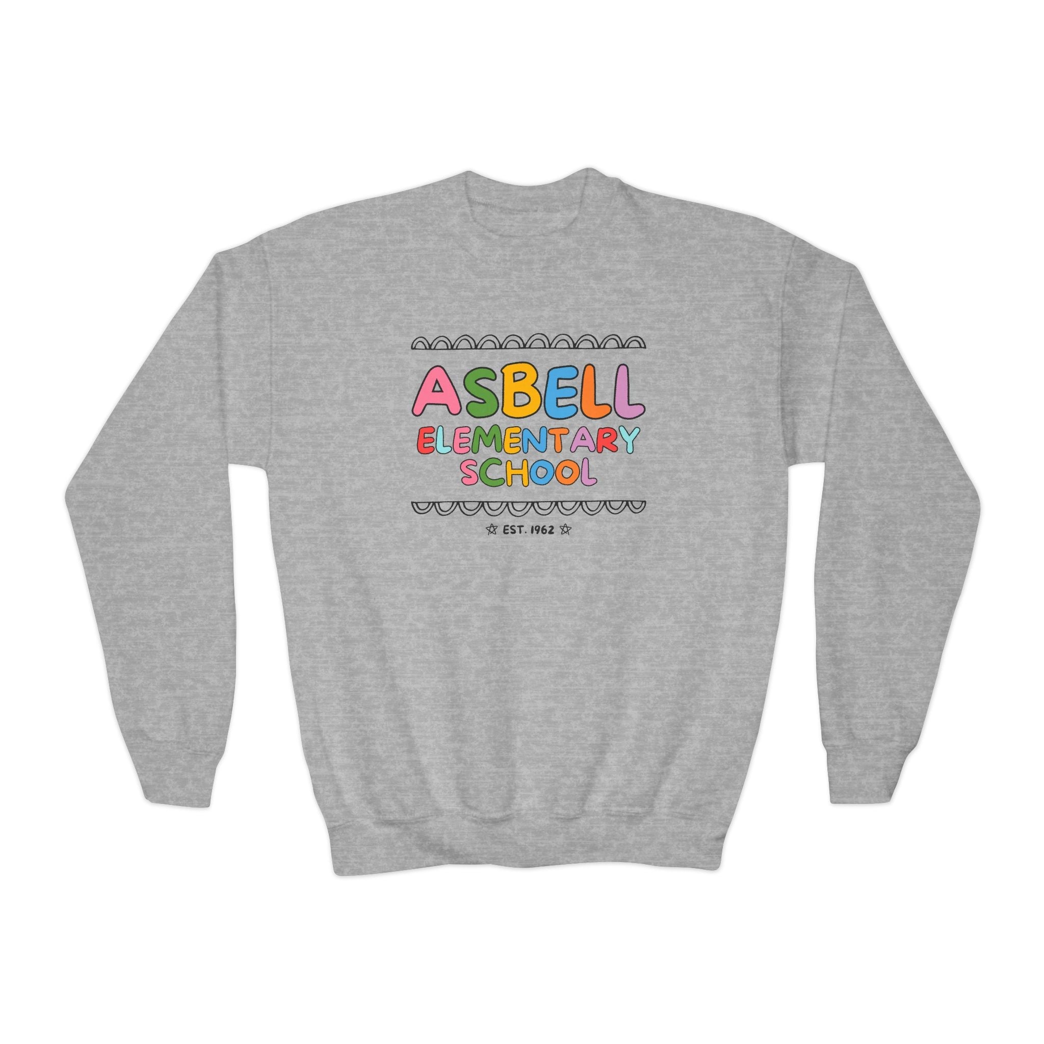 Asbell Elementary School Kids Sweatshirt: Rainbow Letters | FPS + Opal and June Kids Sweatshirt, Fayetteville Public Schools - Opal and June