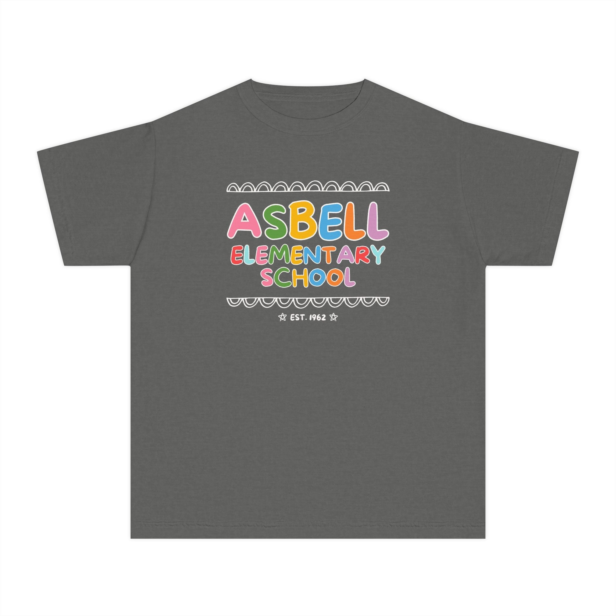 Asbell Elementary School Kids Tee Shirt: Rainbow Letters - Opal and June