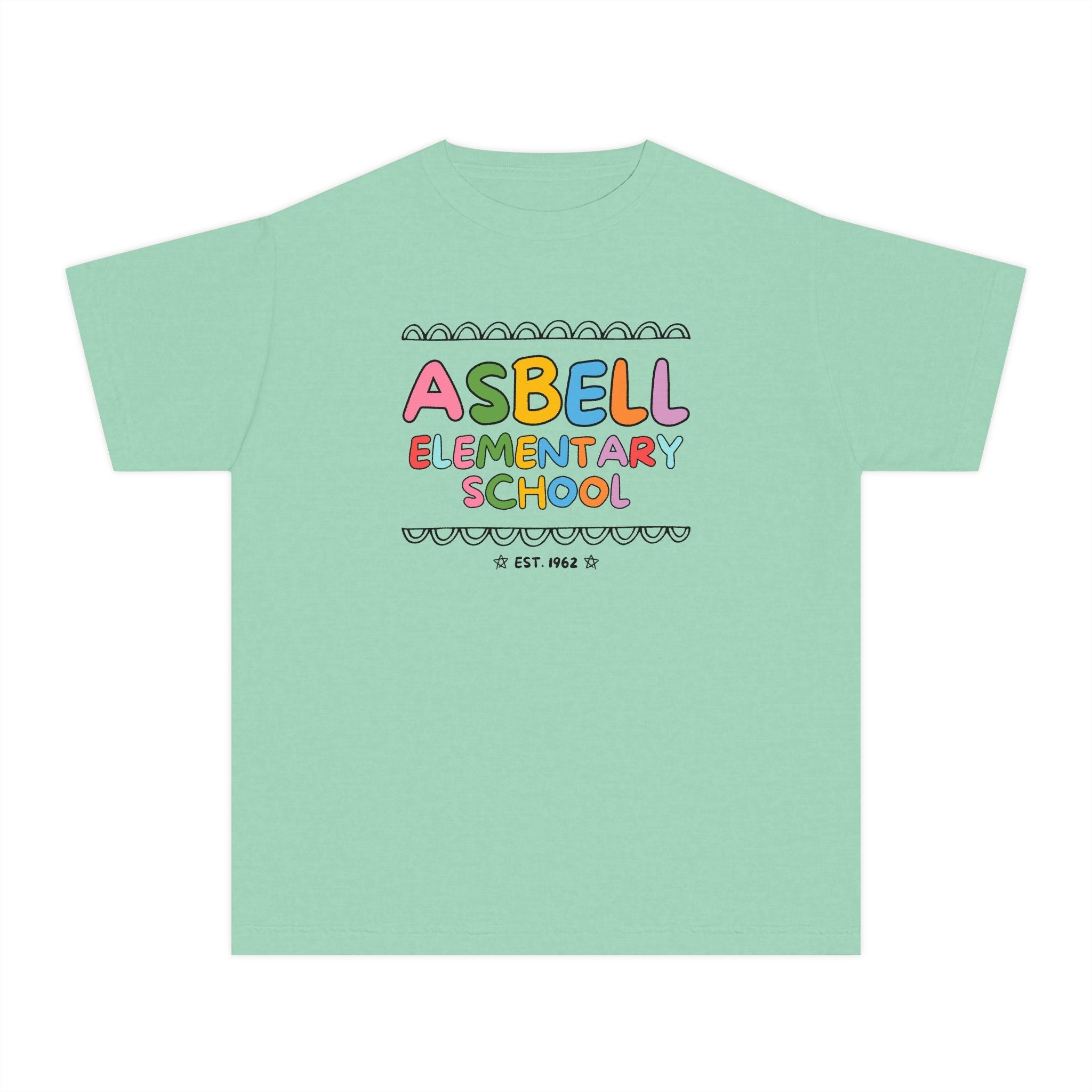 Asbell Elementary School Kids Tee Shirt: Rainbow Letters - Opal and June