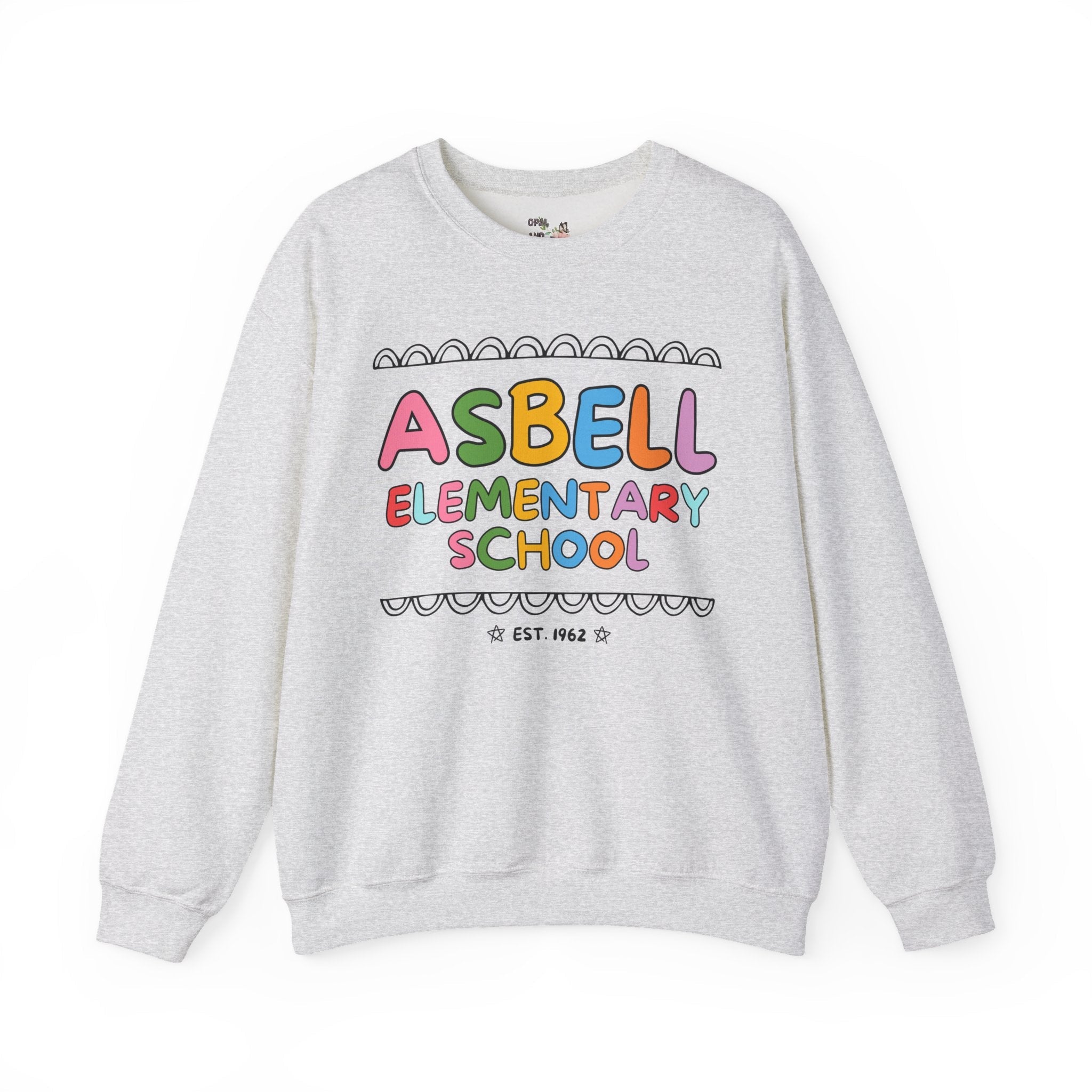 Asbell Elementary School Sweatshirt: Rainbow Letters | FPS + Opal and June Sweatshirt, Fayetteville Public Schools - Opal and June