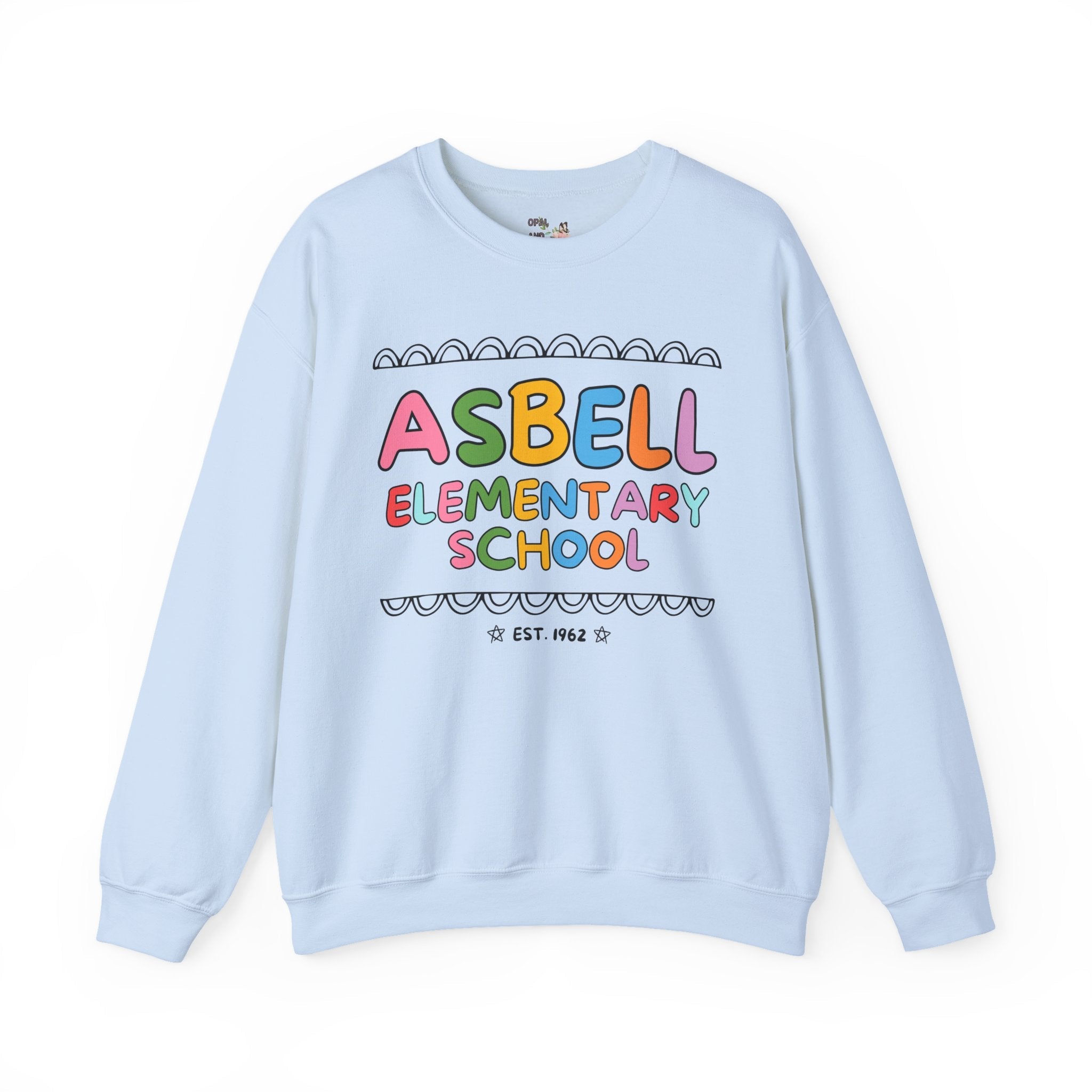 Asbell Elementary School Sweatshirt: Rainbow Letters | FPS + Opal and June Sweatshirt, Fayetteville Public Schools - Opal and June