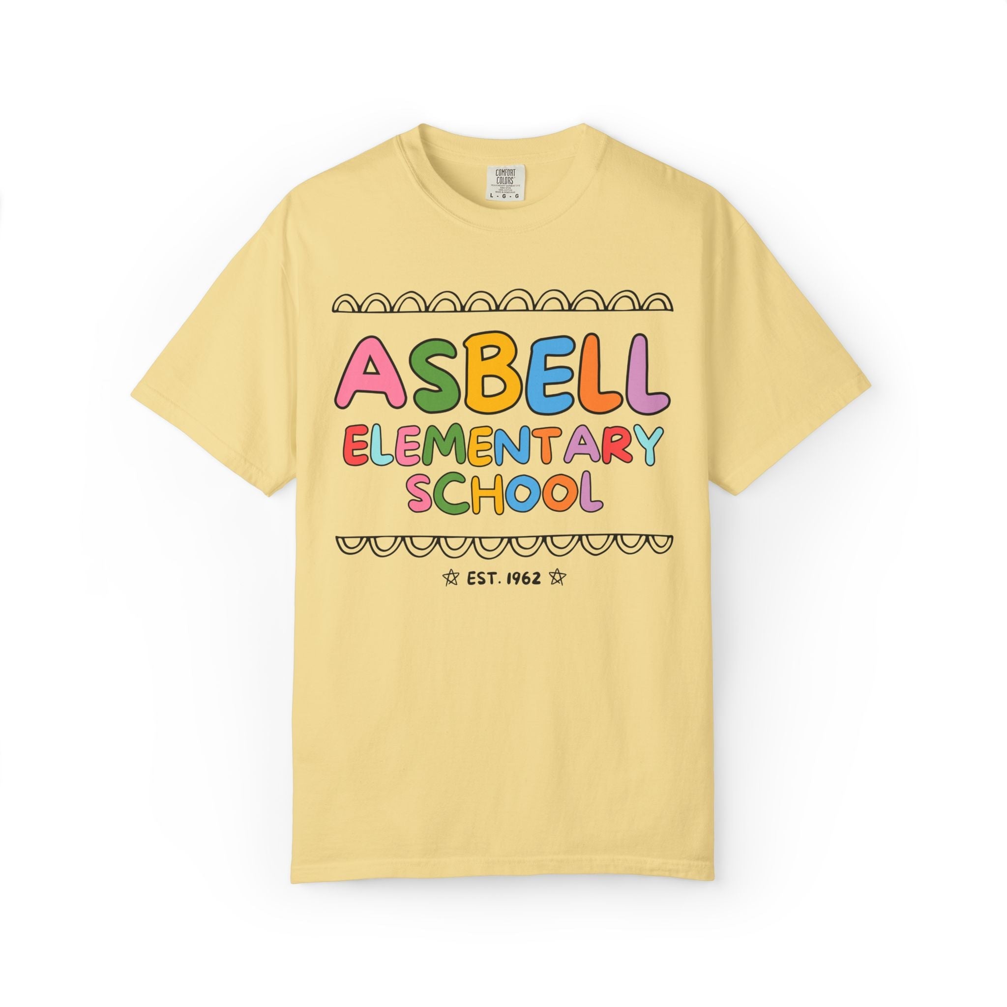 Asbell Elementary School Tee Shirt: Rainbow Letters | FPS + Opal and June Tee Shirt, Fayetteville Public Schools - Opal and June
