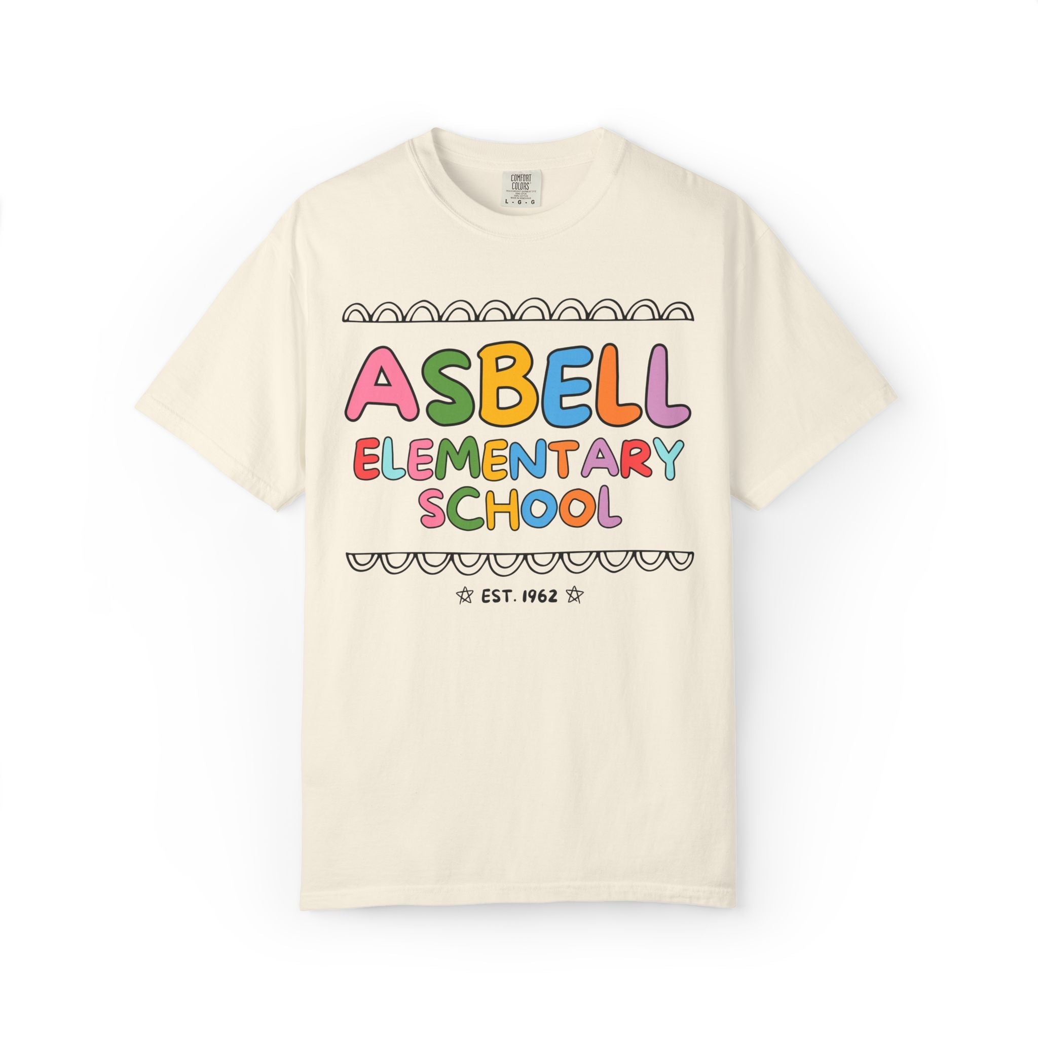 Asbell Elementary School Tee Shirt: Rainbow Letters | FPS + Opal and June Tee Shirt, Fayetteville Public Schools - Opal and June