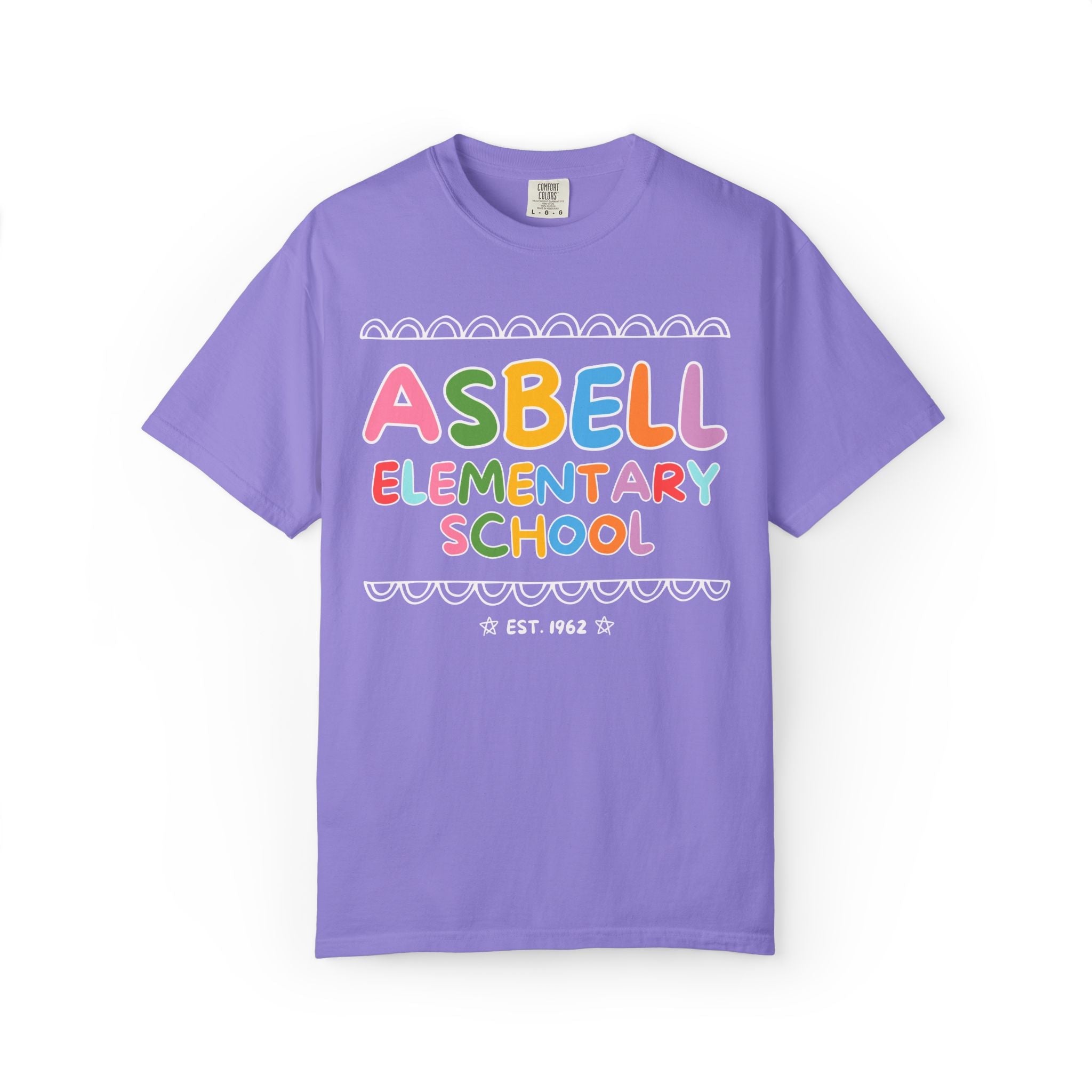 Asbell Elementary School Tee Shirt: Rainbow Letters | FPS + Opal and June Tee Shirt, Fayetteville Public Schools - Opal and June