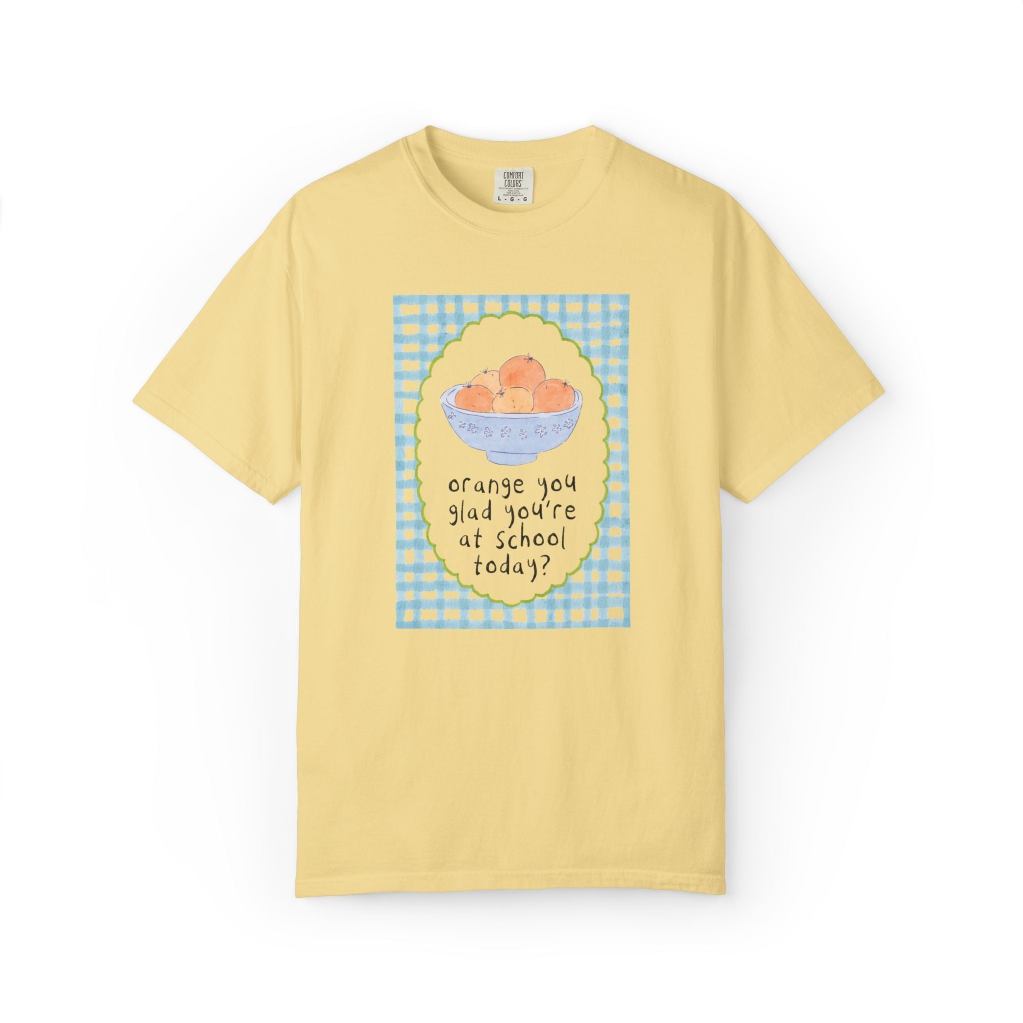 Back to School Teacher Tee: Orange You Glad Matching Teacher Tee Shirt, Silly and Cute Back to School Tee with Blue Gingham and Oranges in a Bowl - Opal and June
