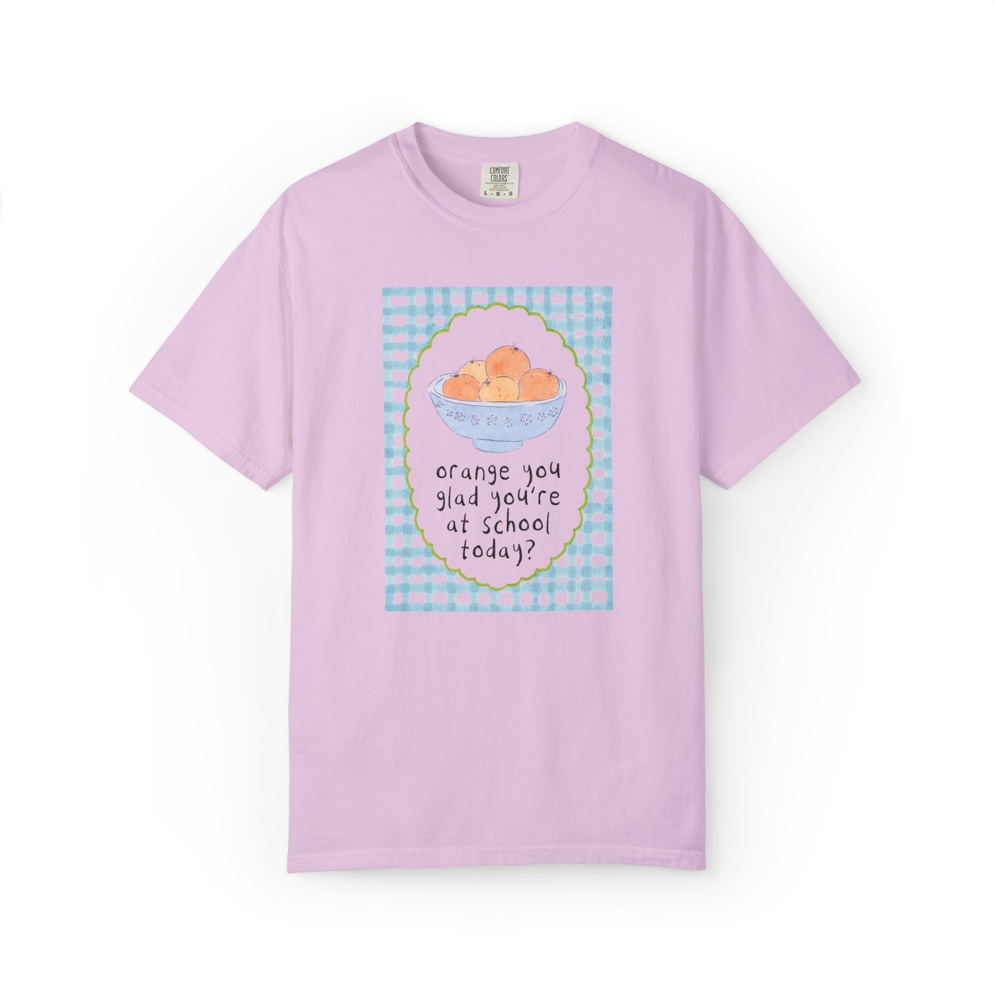 Back to School Teacher Tee: Orange You Glad Matching Teacher Tee Shirt, Silly and Cute Back to School Tee with Blue Gingham and Oranges in a Bowl - Opal and June