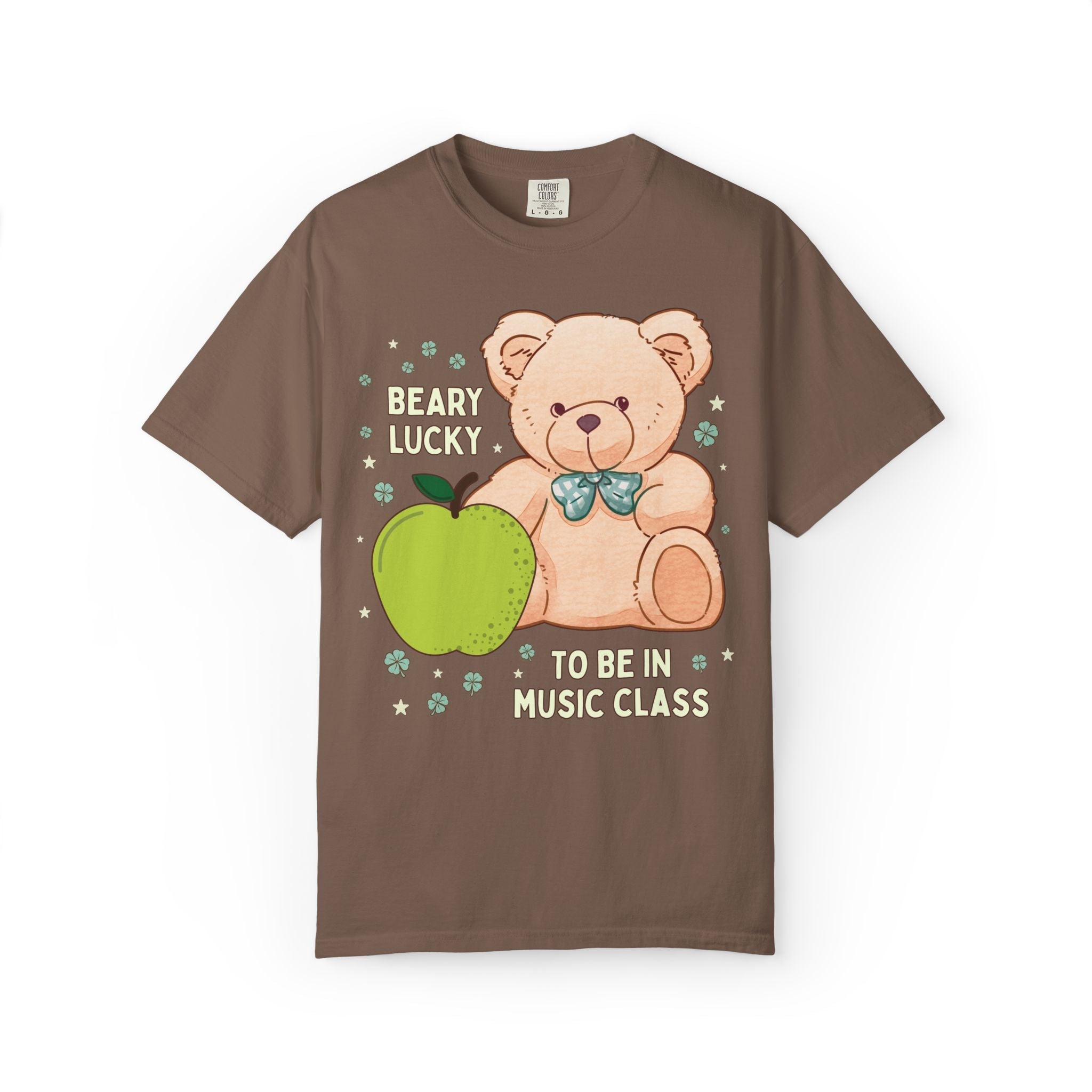 Beary Lucky to Be in Music Class St Patrick's Day Tee, Nostalgic and Maximalist Matching Teacher Tee Shirt with Cute Clovers, Cottagecore Bear - Opal and June